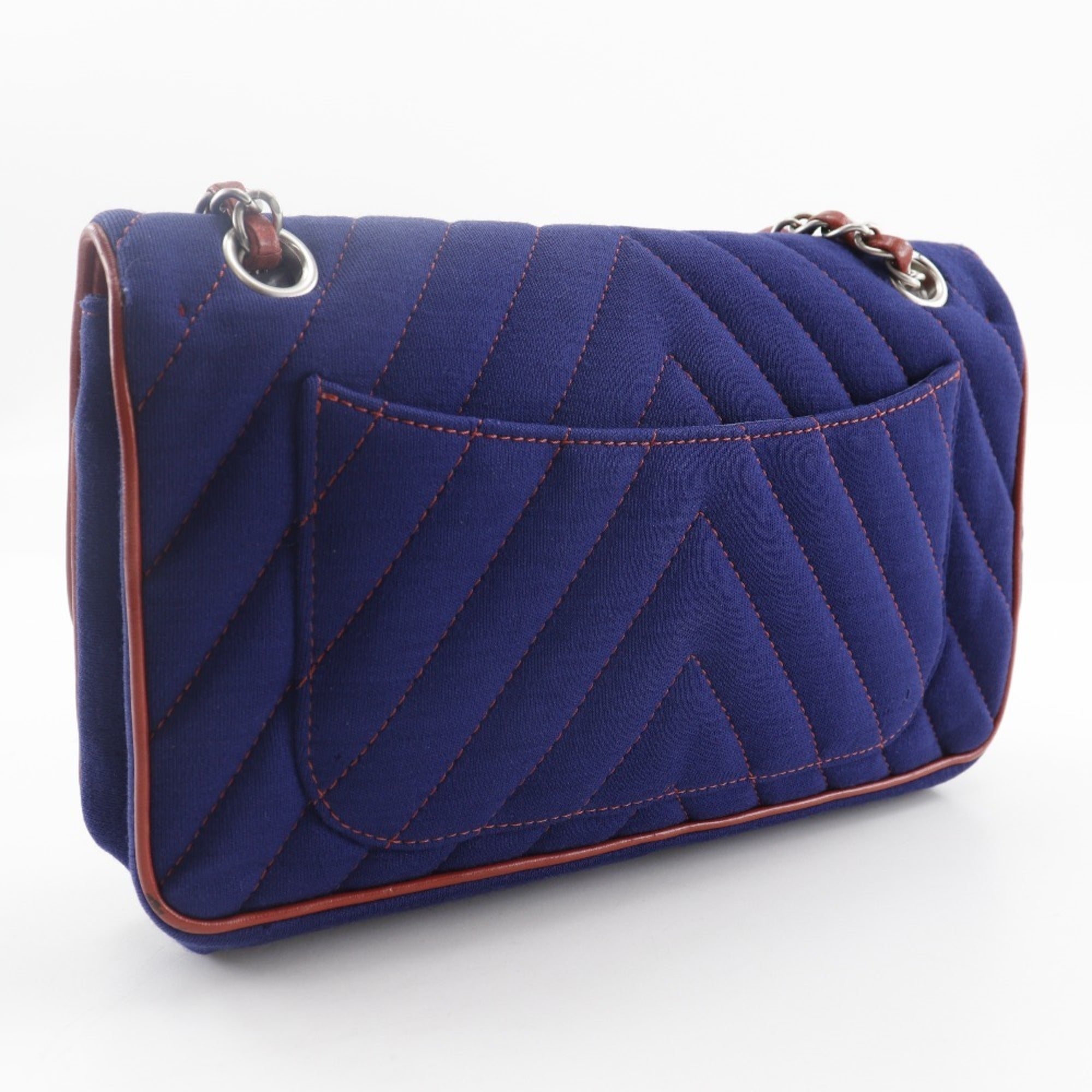 Chanel Navy Red Color Cotton Shoulder Bag (Pre-Owned)