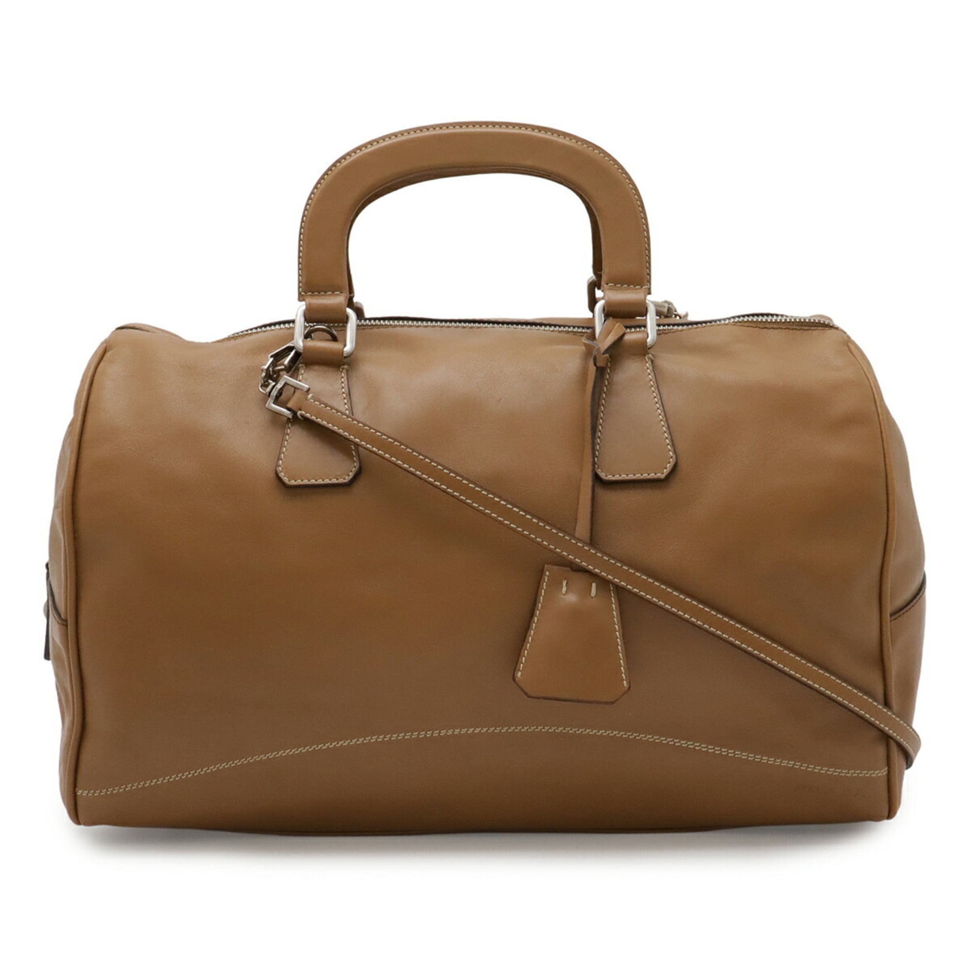 Prada Camel Leather Boston Bag Handbag Shoulder Bag (Pre-Owned)