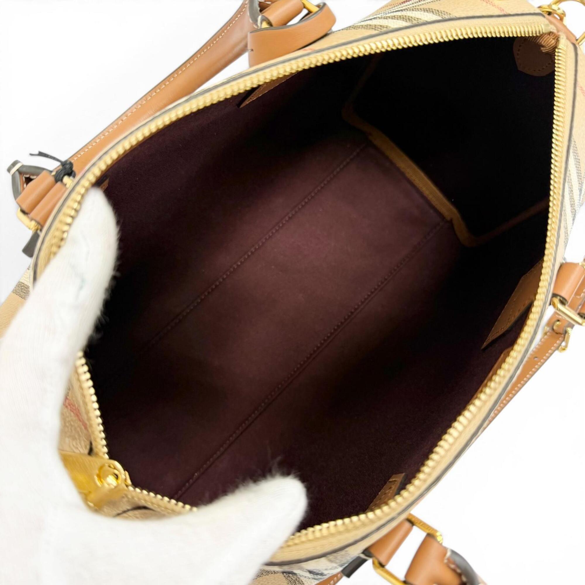 Burberry Beige Brown Leather Cotton Elastane Polyester Boston Bag Shoulder Bag (Pre-Owned)