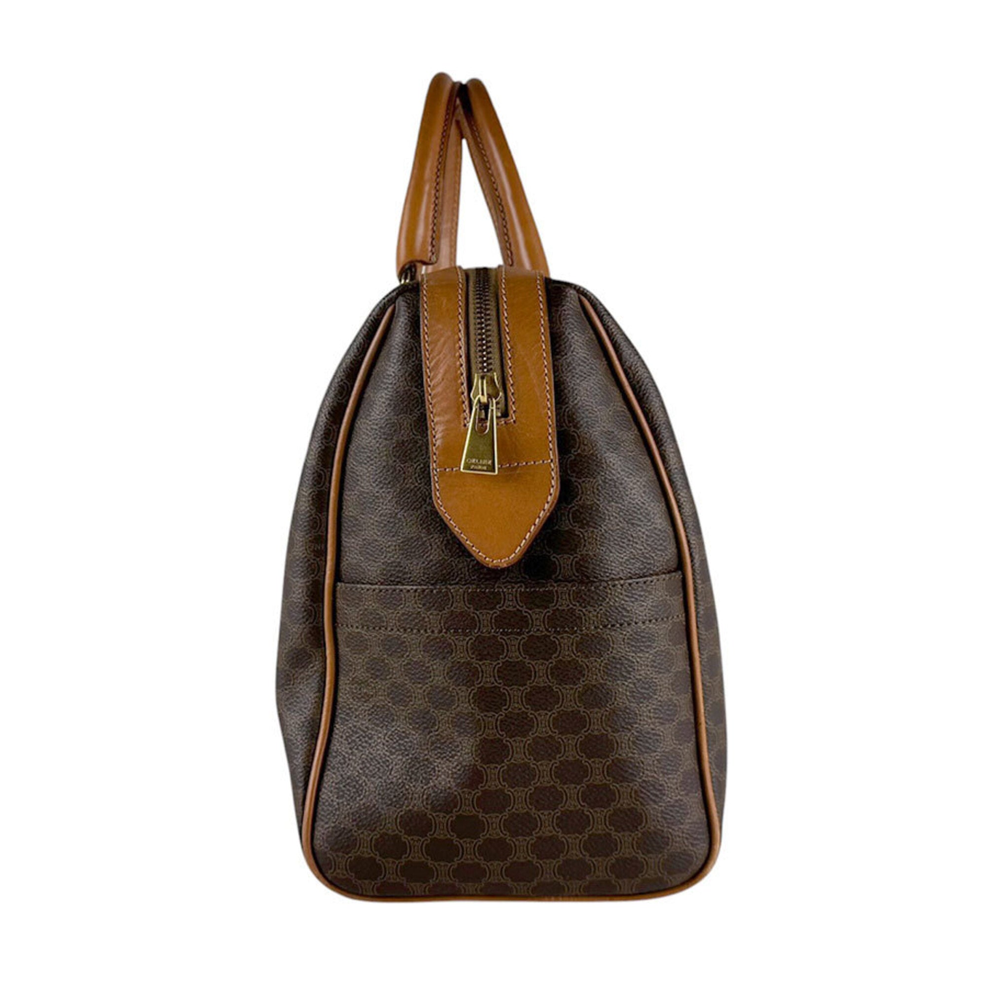 Celine Brown Coated Canvas Leather Boston Bag Handbag (Pre-Owned)