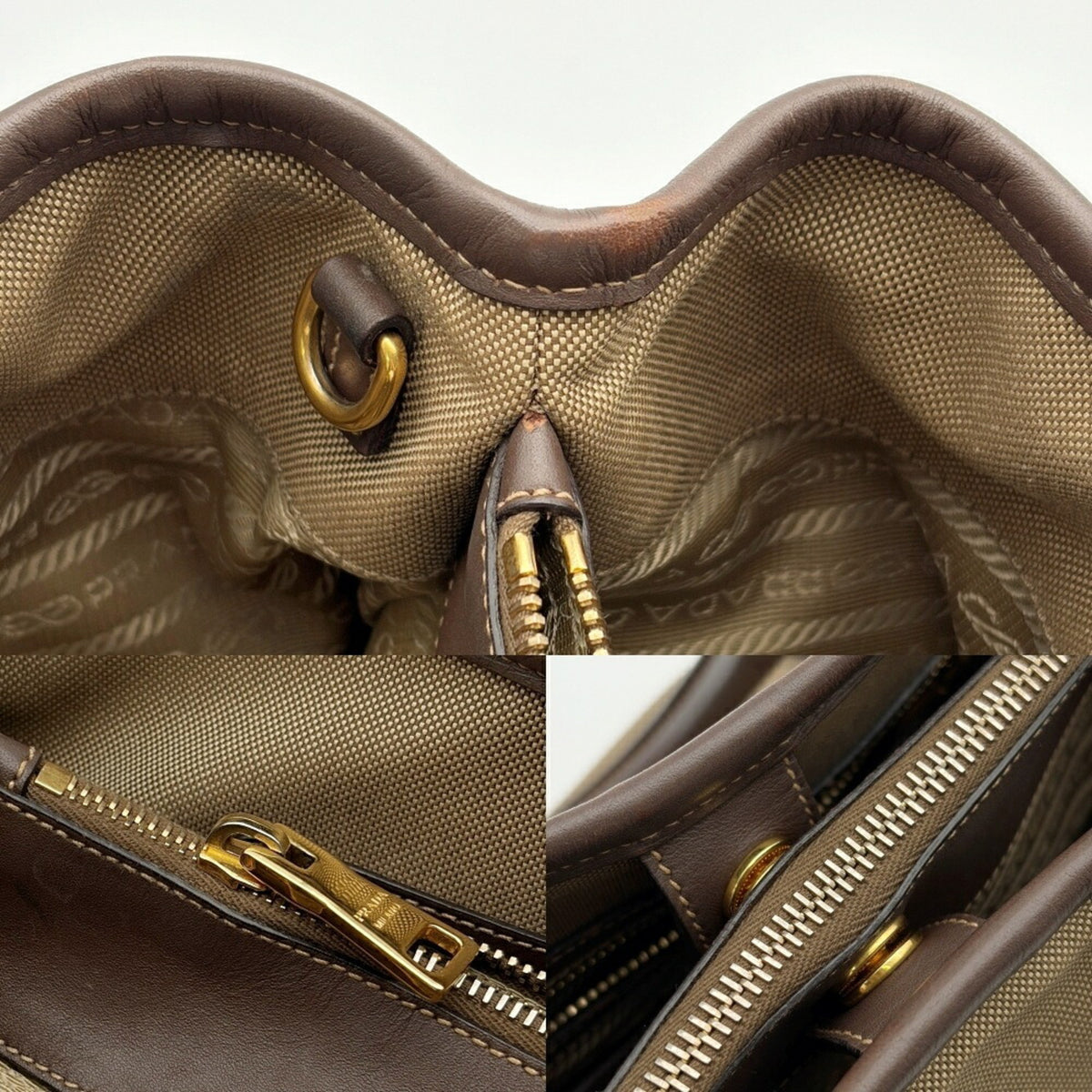 Prada Beige Dark Brown Canvas Leather Tote Bag (Pre-Owned)