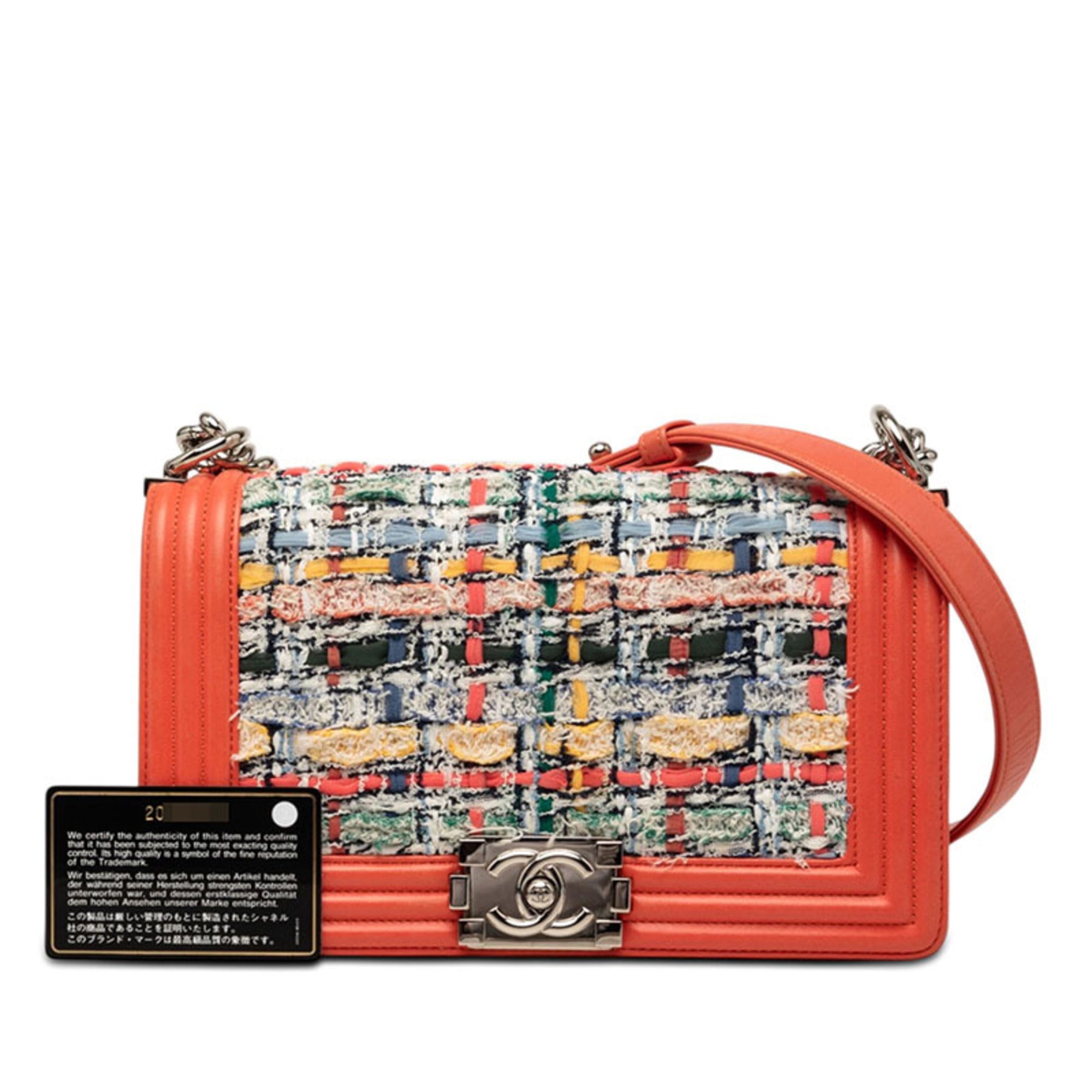 Chanel Boy Chanel Multi-Color Orange Tweed Leather Shoulder Bag (Pre-Owned)