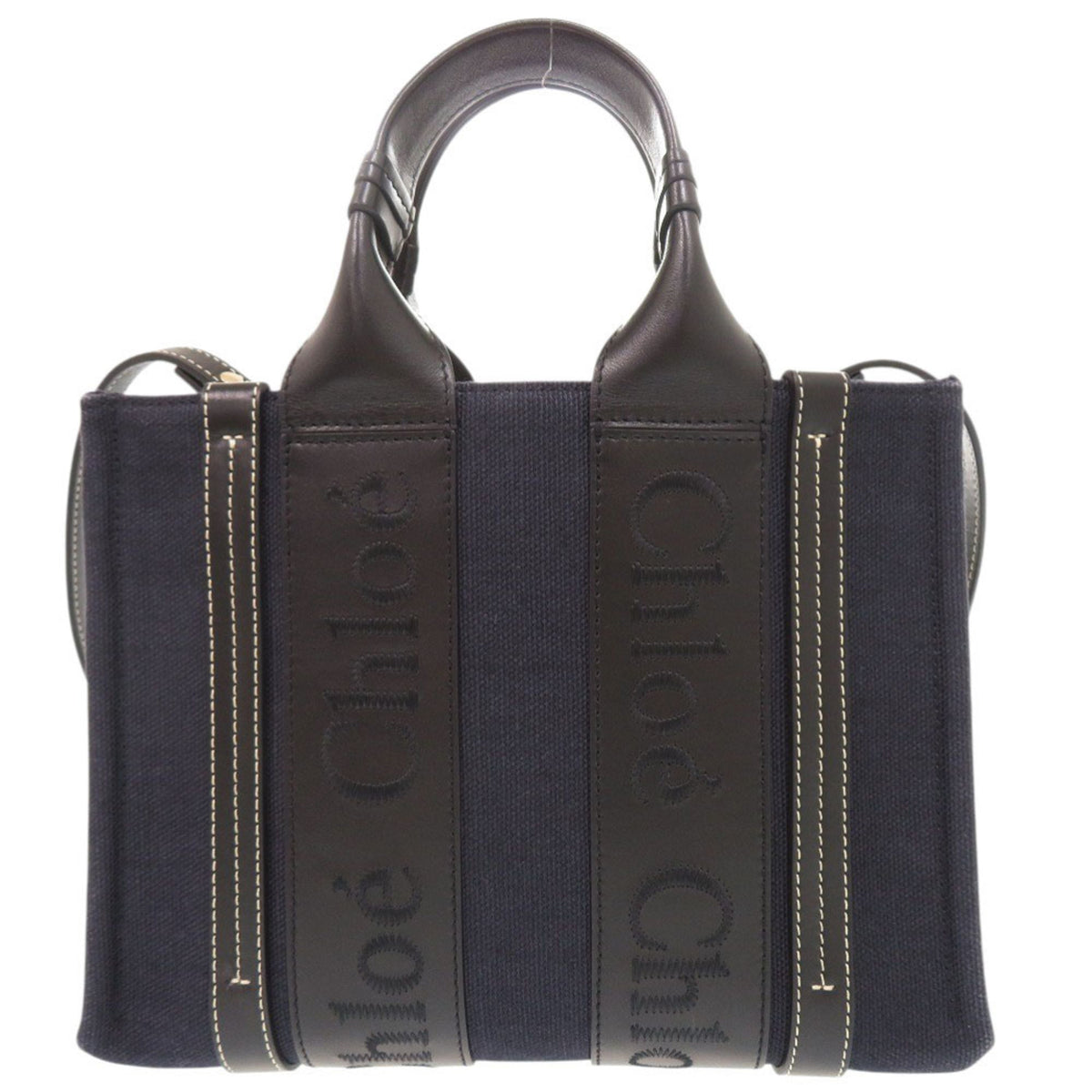 Chloé Black Navy Leather Linen Canvas Handbag Shoulder Bag Tote Bag (Pre-Owned)