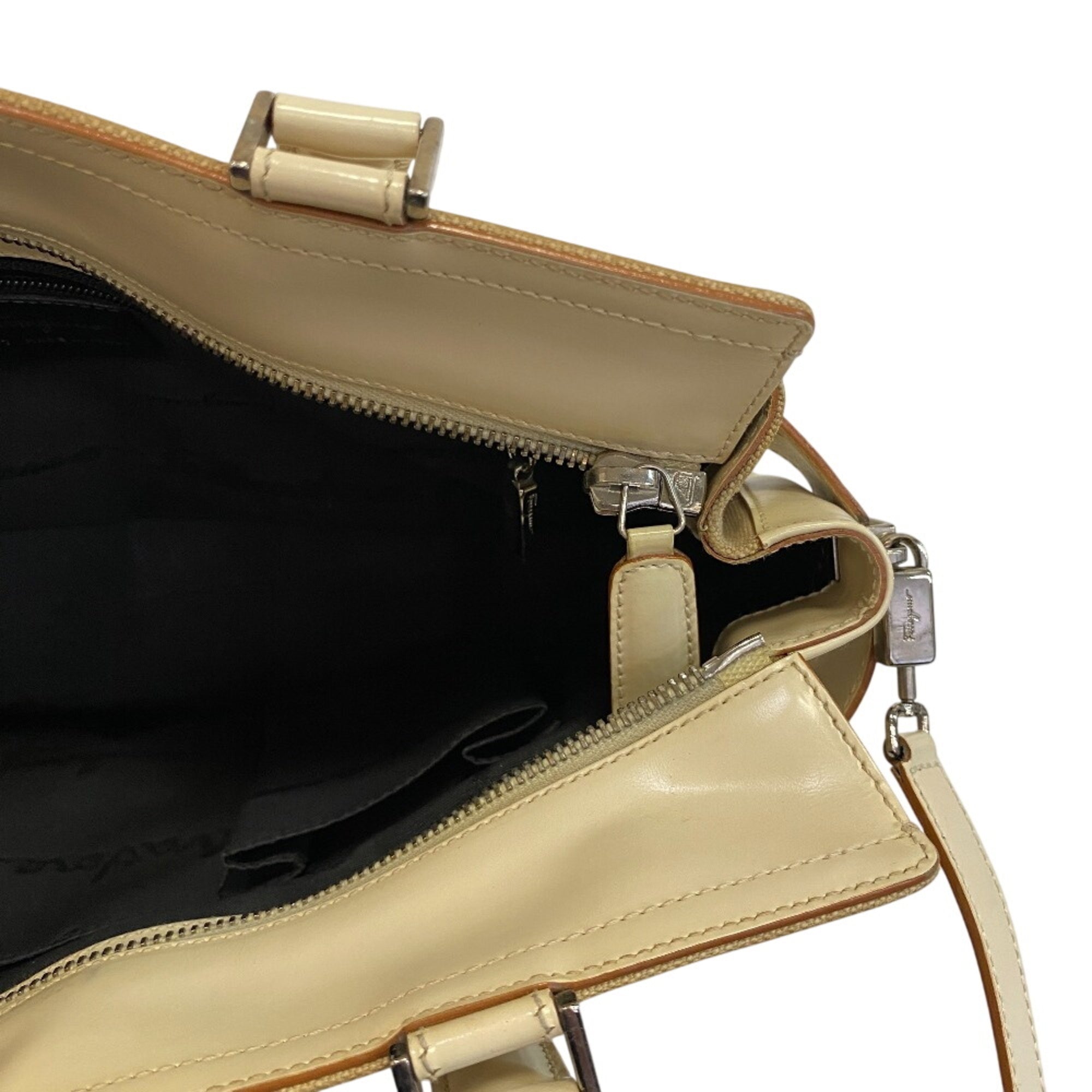 Salvatore Ferragamo Beige White Canvas Leather Handbag Shoulder Bag (Pre-Owned)