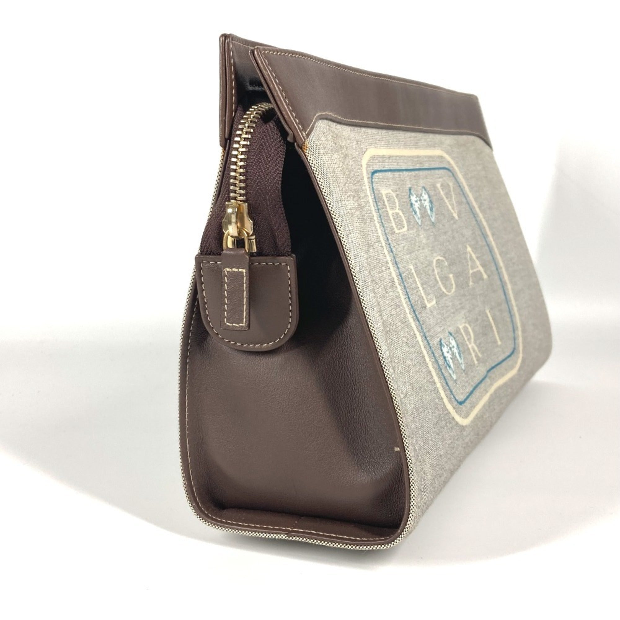 Bvlgari Brown Gray Canvas Leather Pouch (Pre-Owned)