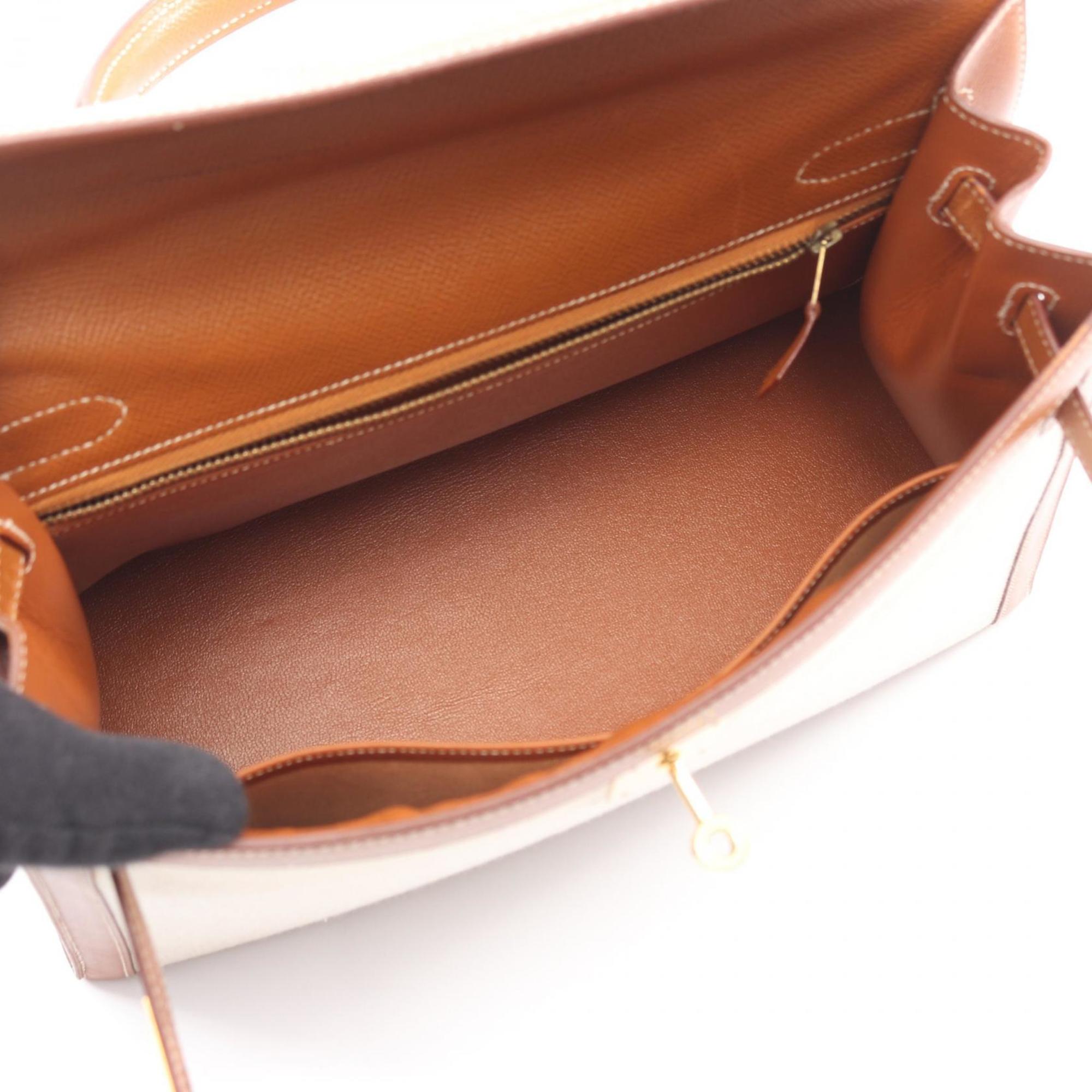 Hermes Beige Brown Canvas Leather Handbag (Pre-Owned)