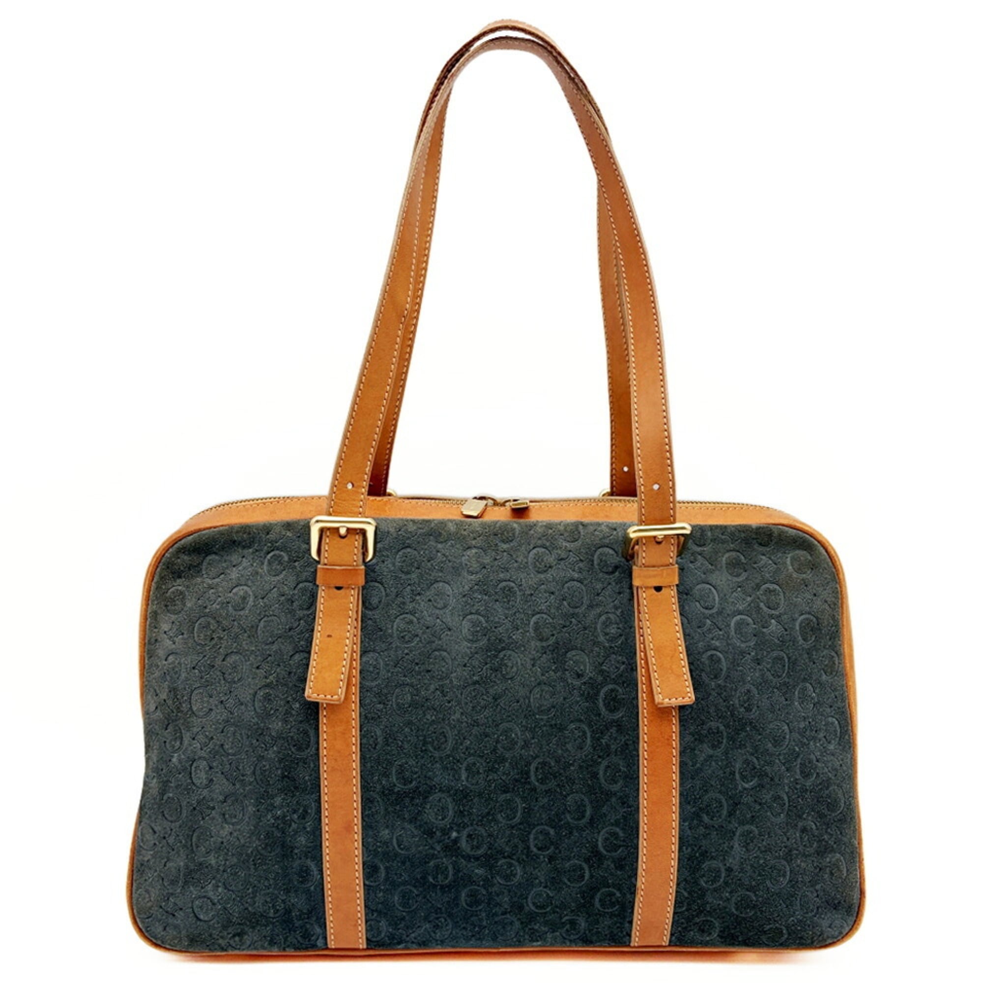 Celine Macadam Brown Navy Suede Leather Boston Bag (Pre-Owned)