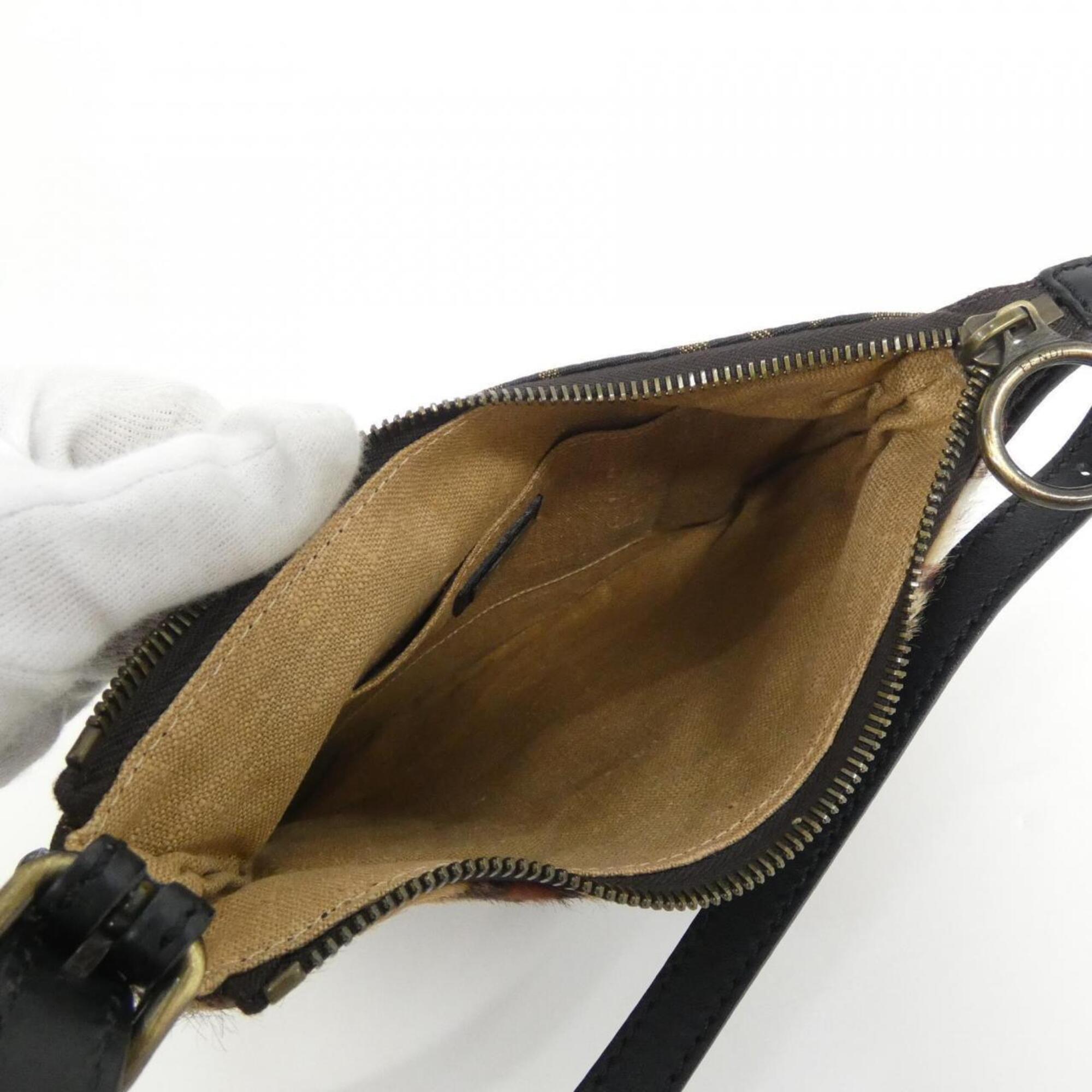 Fendi Beige Brown Leather Canvas Shoulder Bag (Pre-Owned)