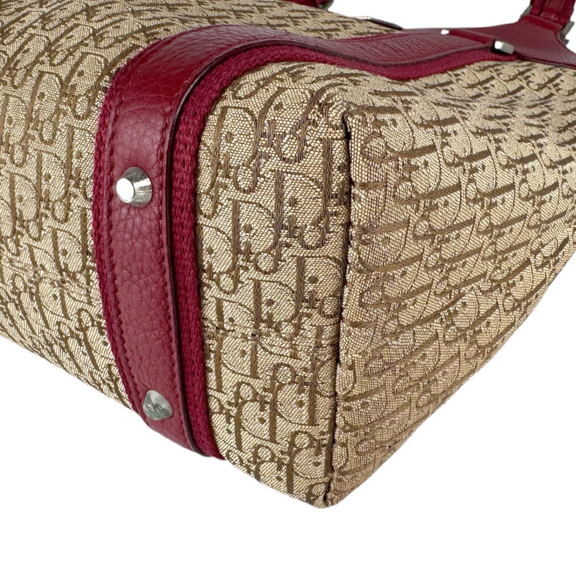 Christian Dior Brown Red Color Leather Canvas Handbag (Pre-Owned)