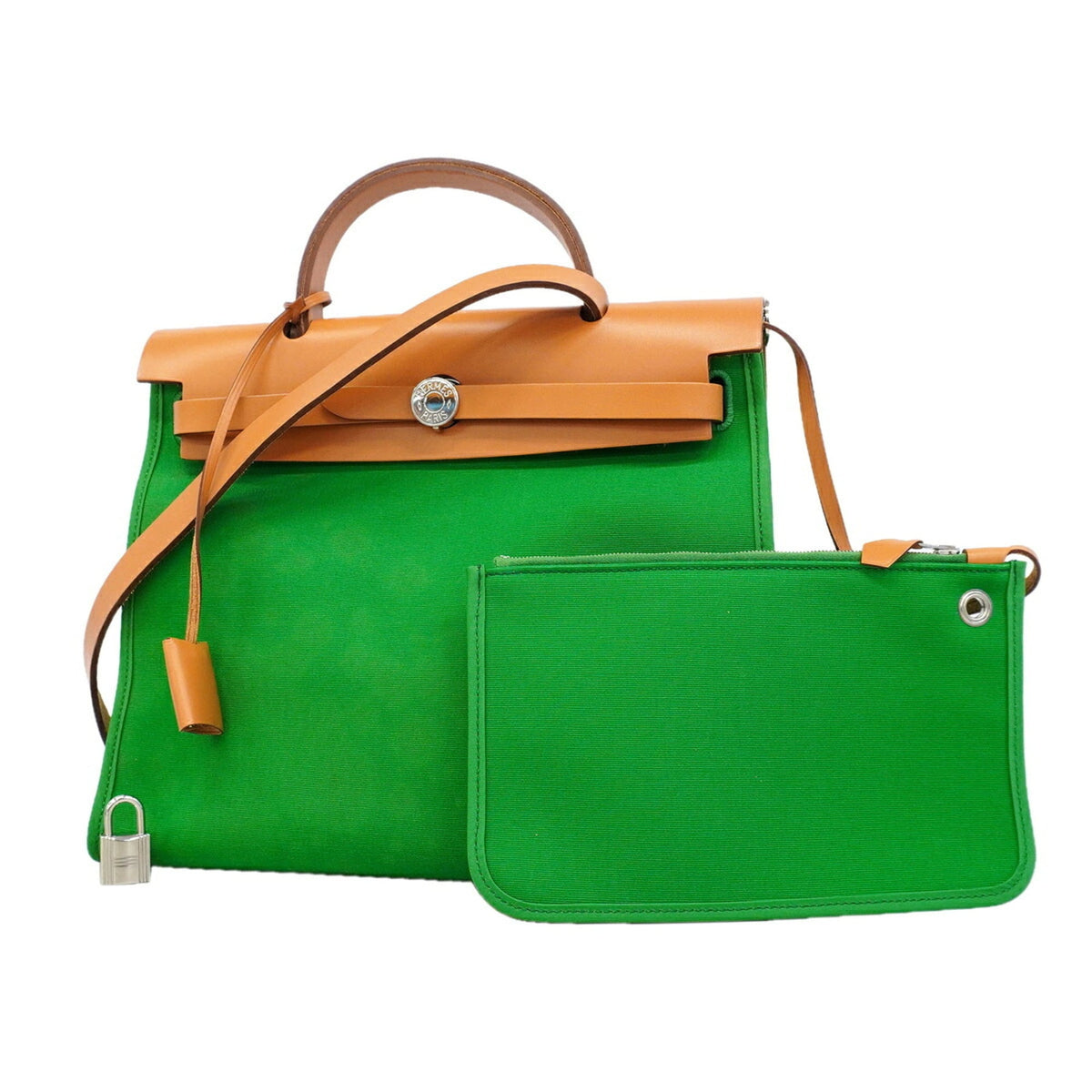 Hermes Green Natural Toile Officier Handbag (Pre-Owned)