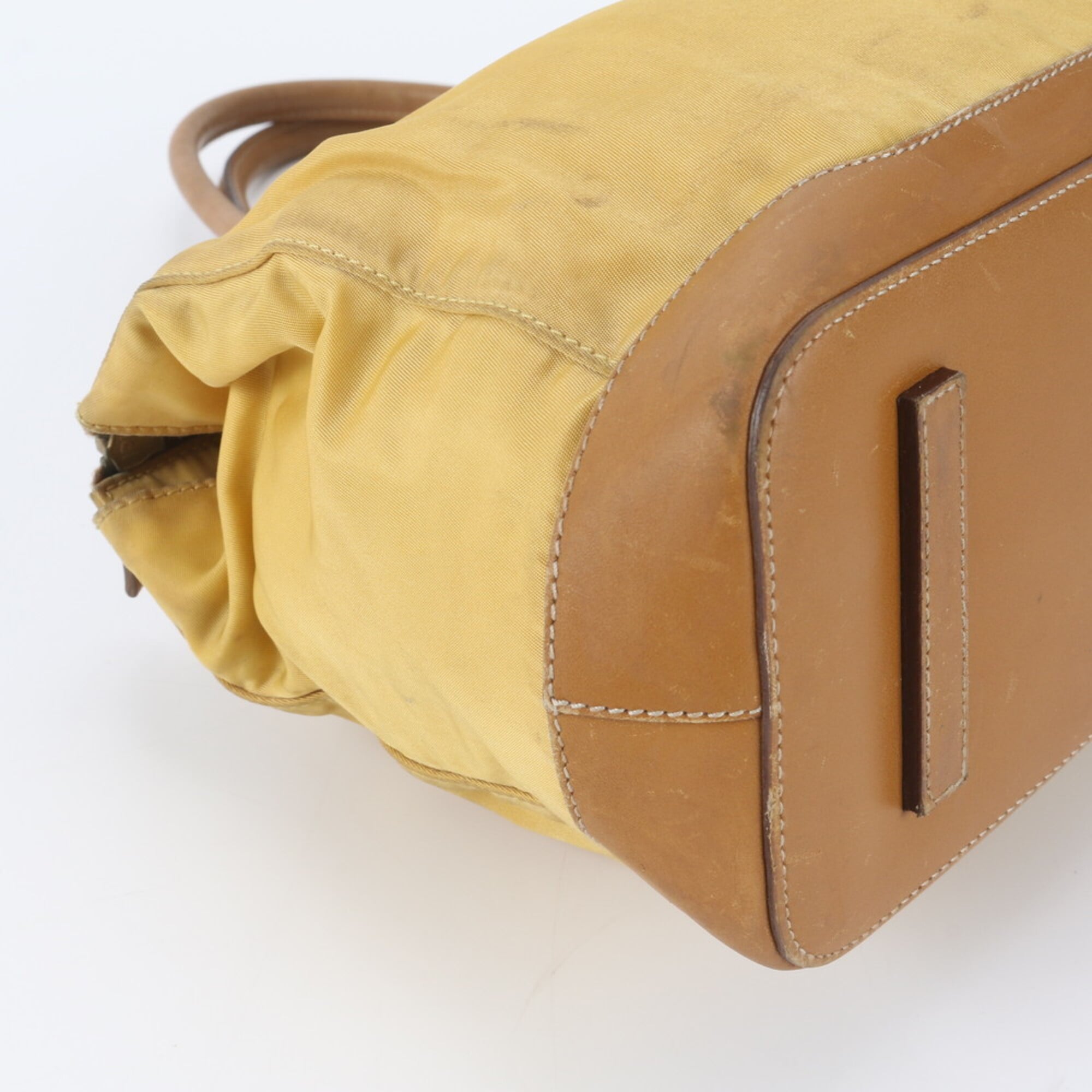 Prada Brown Yellow Nylon Leather Handbag Shoulder Bag Tote Bag (Pre-Owned)