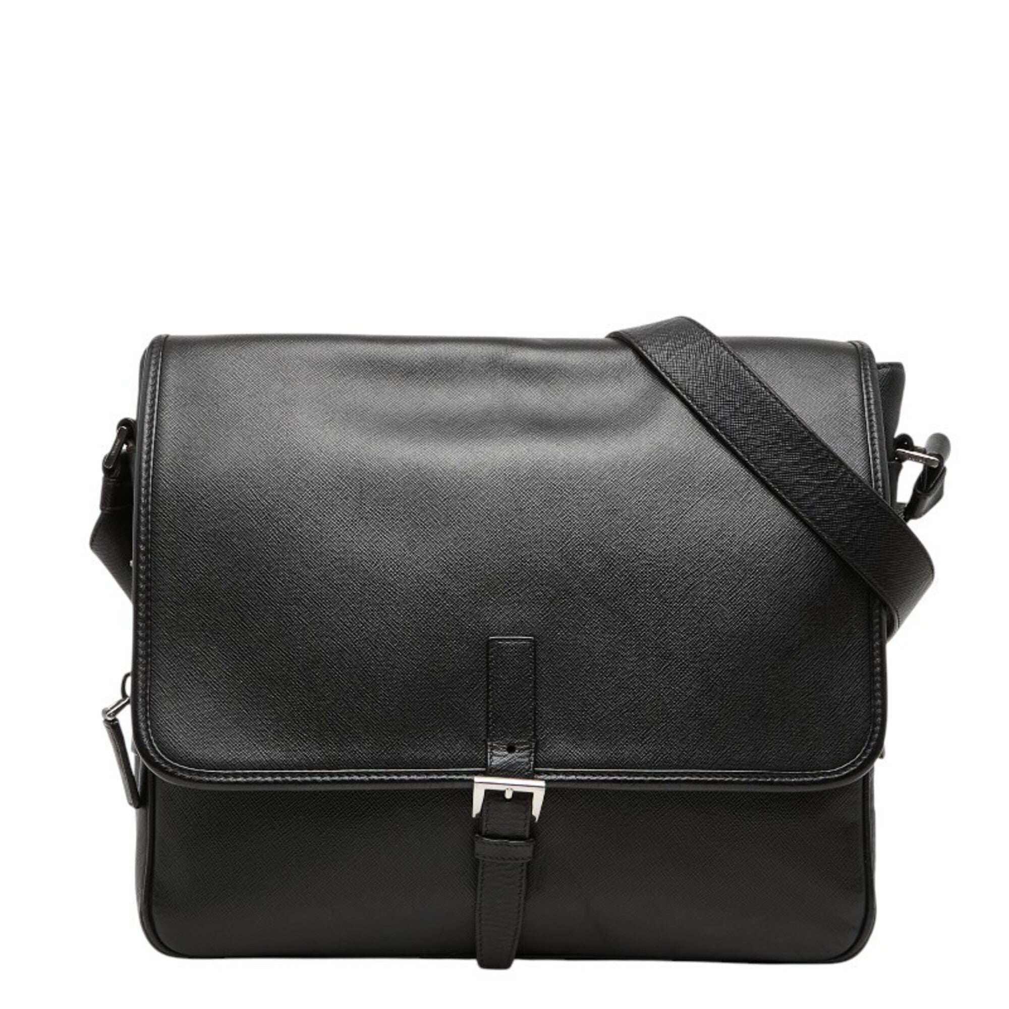 Prada Black Leather Messenger Bag Shoulder Bag (Pre-Owned)