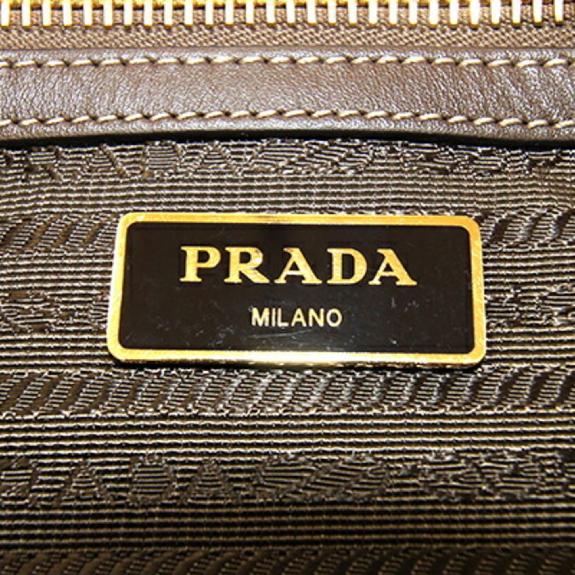 Prada Beige Beige Brown Brown Canvas Leather Handbag (Pre-Owned)