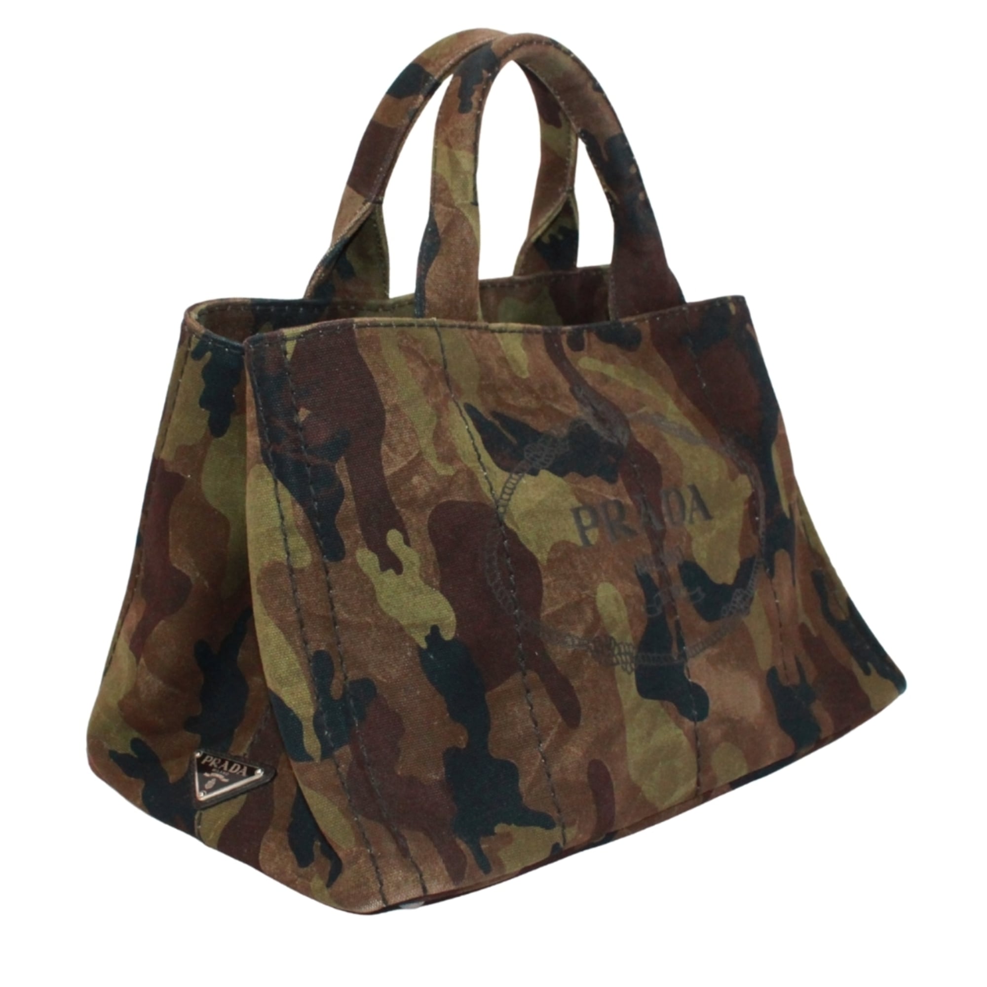 Prada Black Brown Khaki Canvas Handbag (Pre-Owned)
