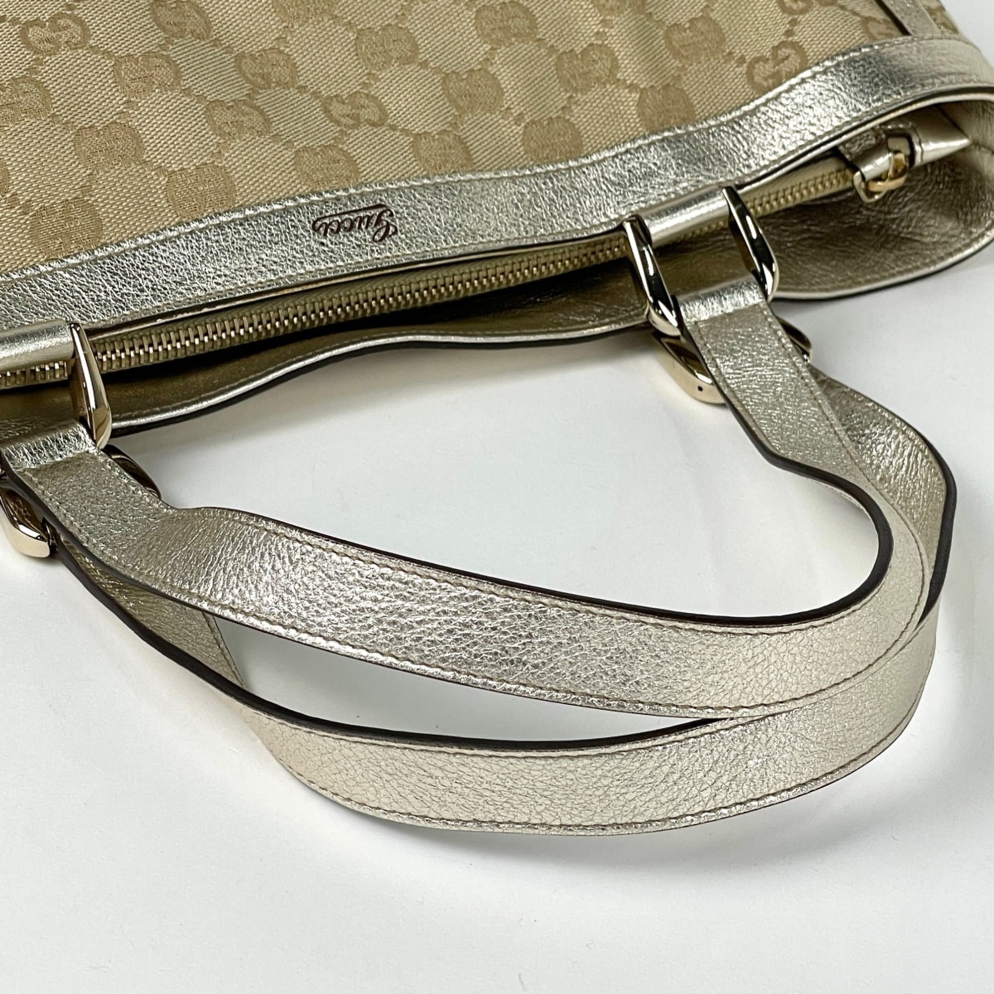 Gucci Beige Gold Gg Canvas Leather Tote Bag (Pre-Owned)