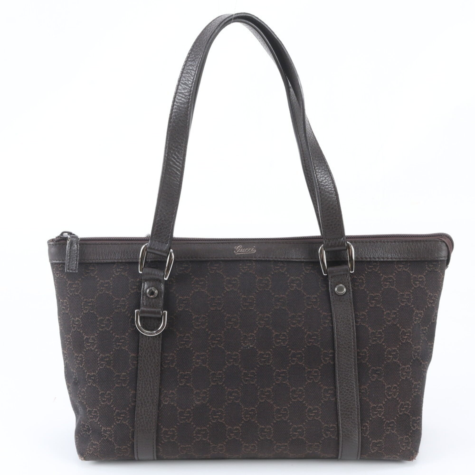 Gucci Abbey Dark Brown Leather Canvas Handbag Tote Bag (Pre-Owned)