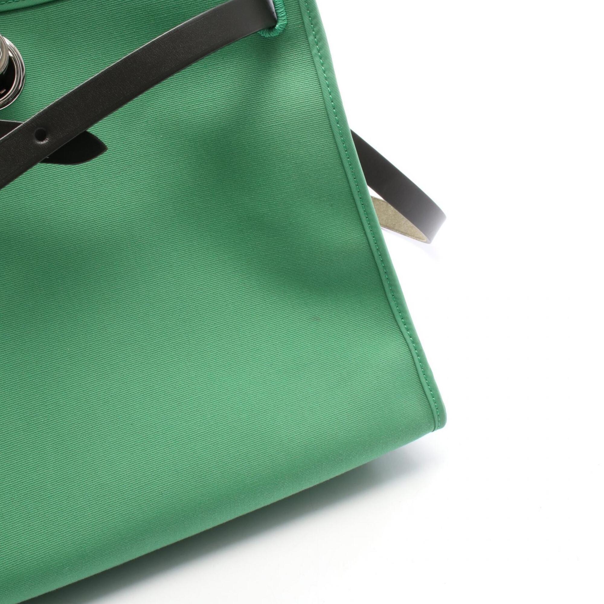 Hermes Black Green Canvas Leather Handbag (Pre-Owned)