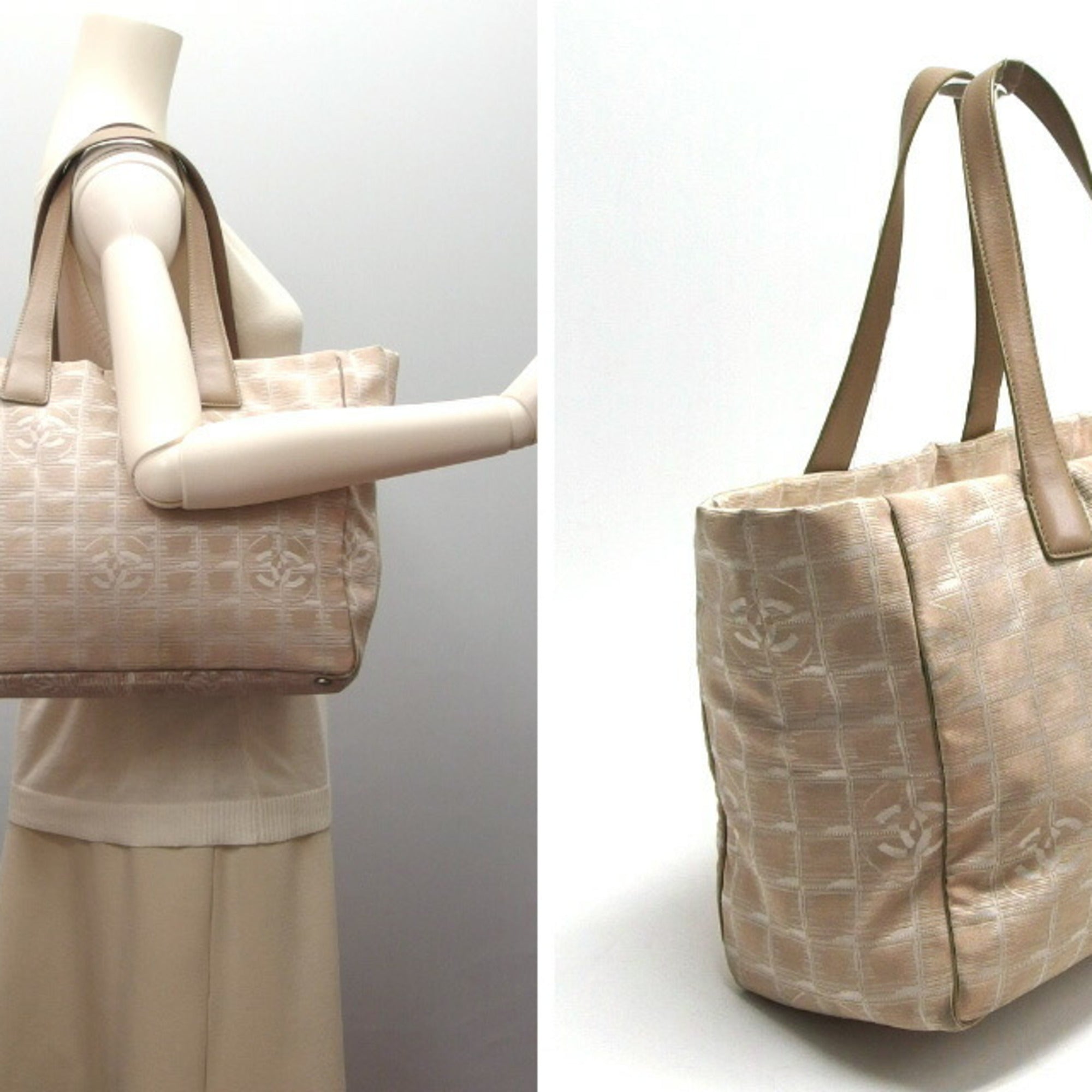 Chanel Beige Nylon Jacquard Leather Handbag Tote Bag (Pre-Owned)