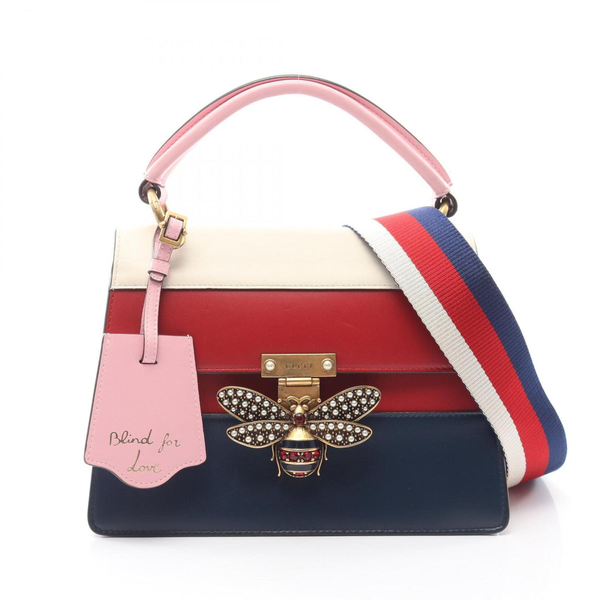 Gucci Ivory Navy Red Color Leather Handbag (Pre-Owned)