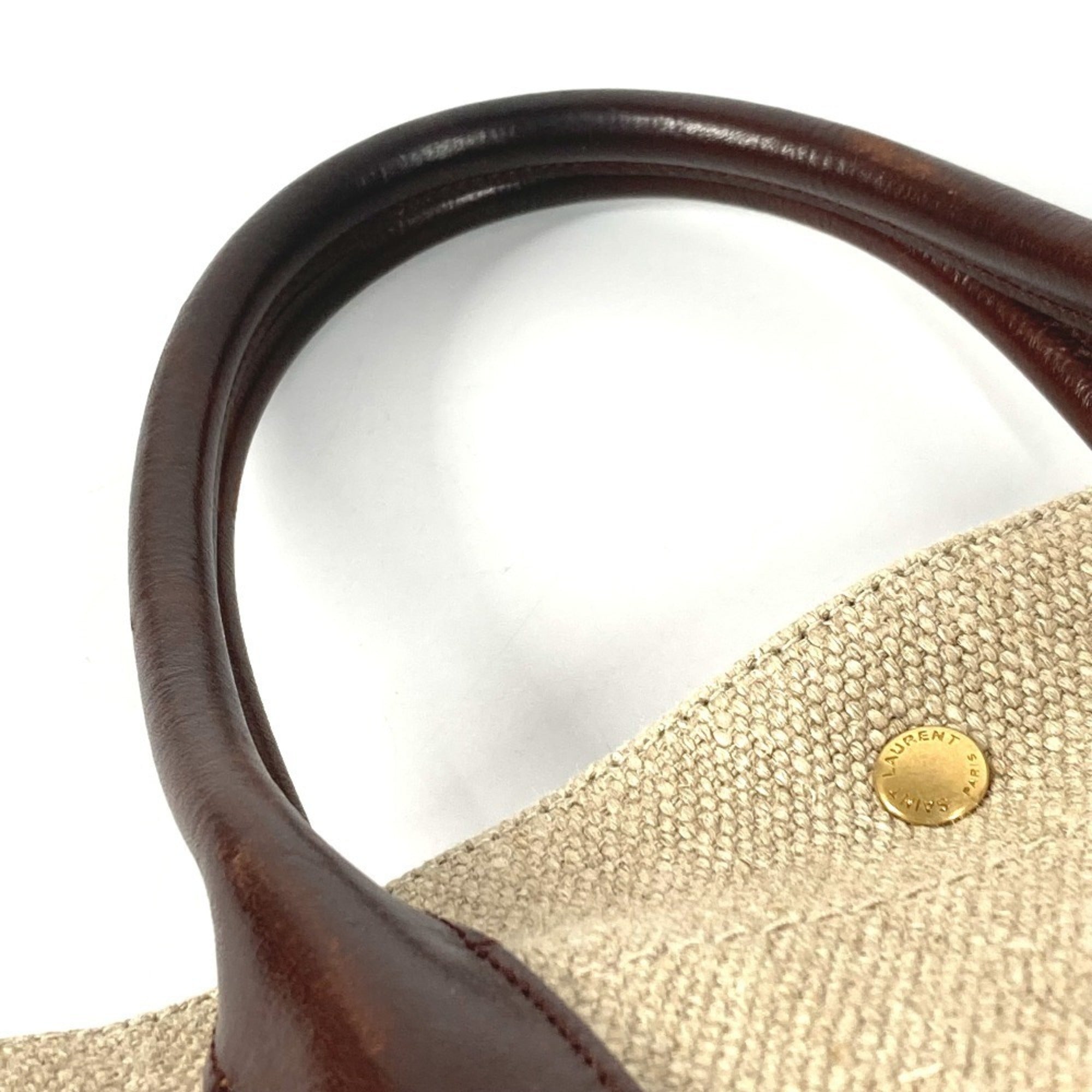Yves Saint Laurent Beige Brown Linen Leather Handbag Shoulder Bag Tote Bag (Pre-Owned)