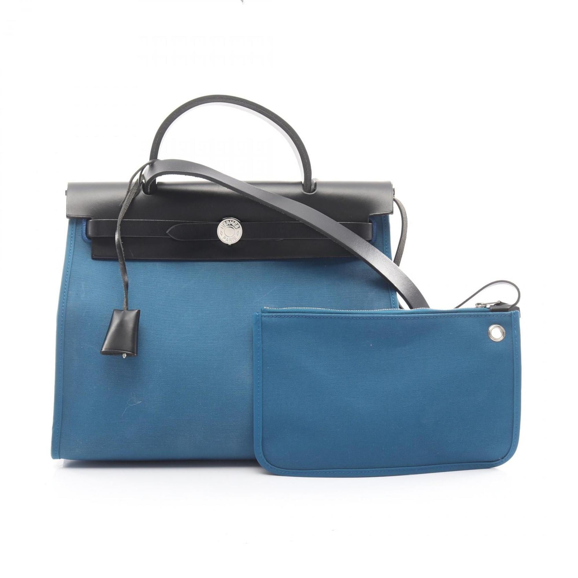 Hermes Black Blue Toile Officier Handbag (Pre-Owned)