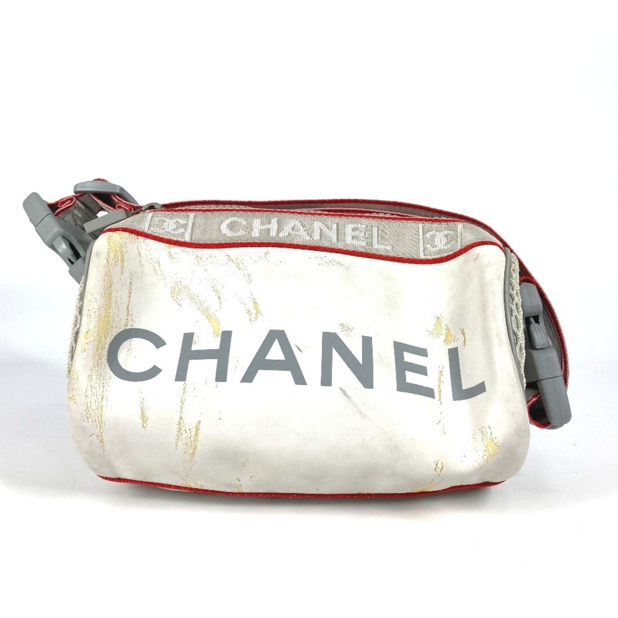 Chanel Red Color White Nylon Handbag Pouch Shoulder Bag (Pre-Owned)