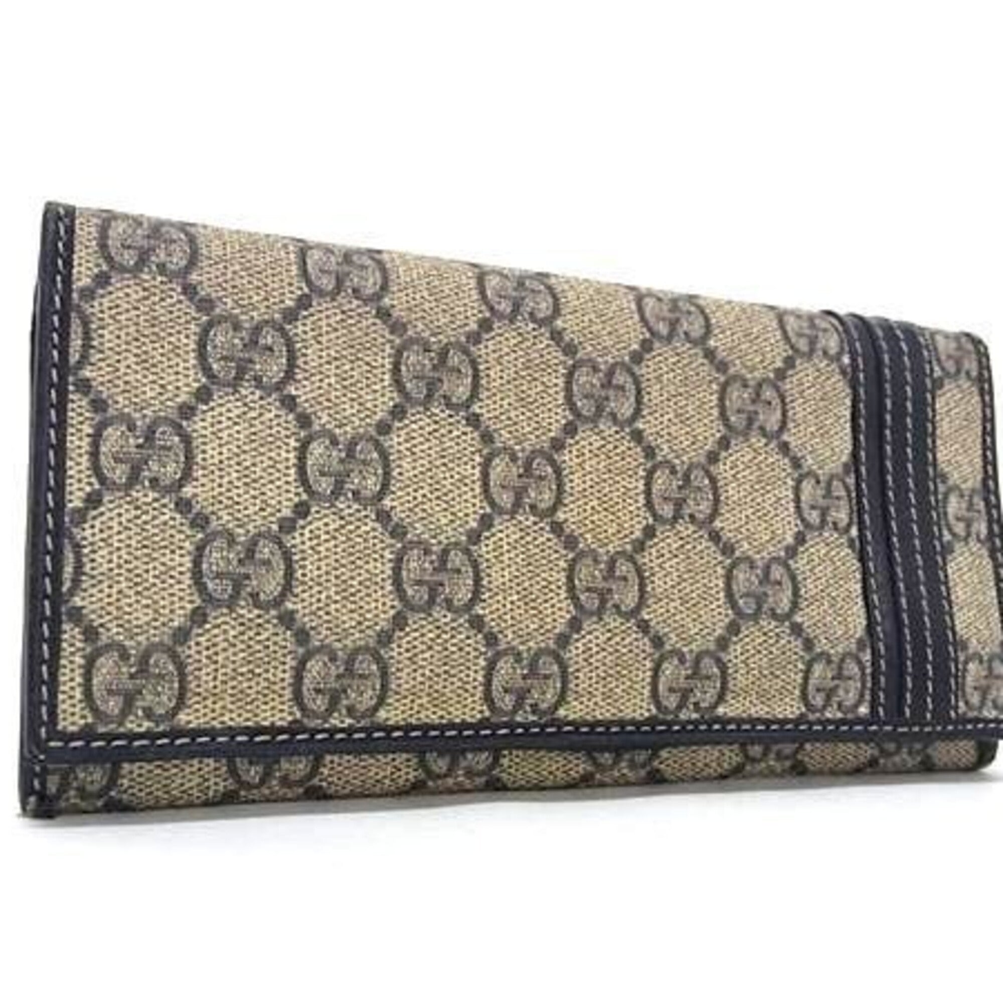 Gucci Brown Navy Gg Supreme Leather Long Wallet (Bi-Fold) (Pre-Owned)