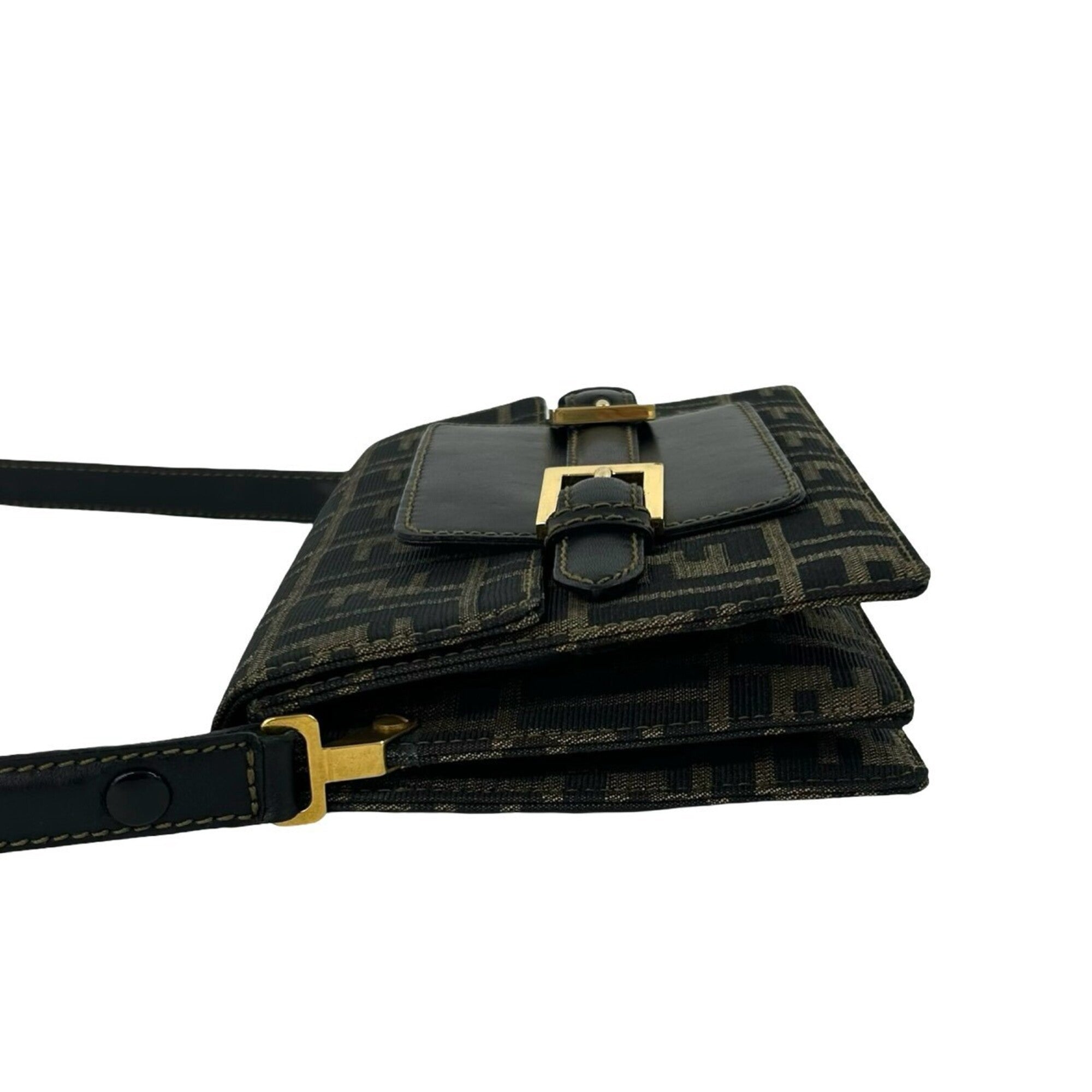 Fendi Black Brown Canvas Leather Pochette Shoulder Bag (Pre-Owned)