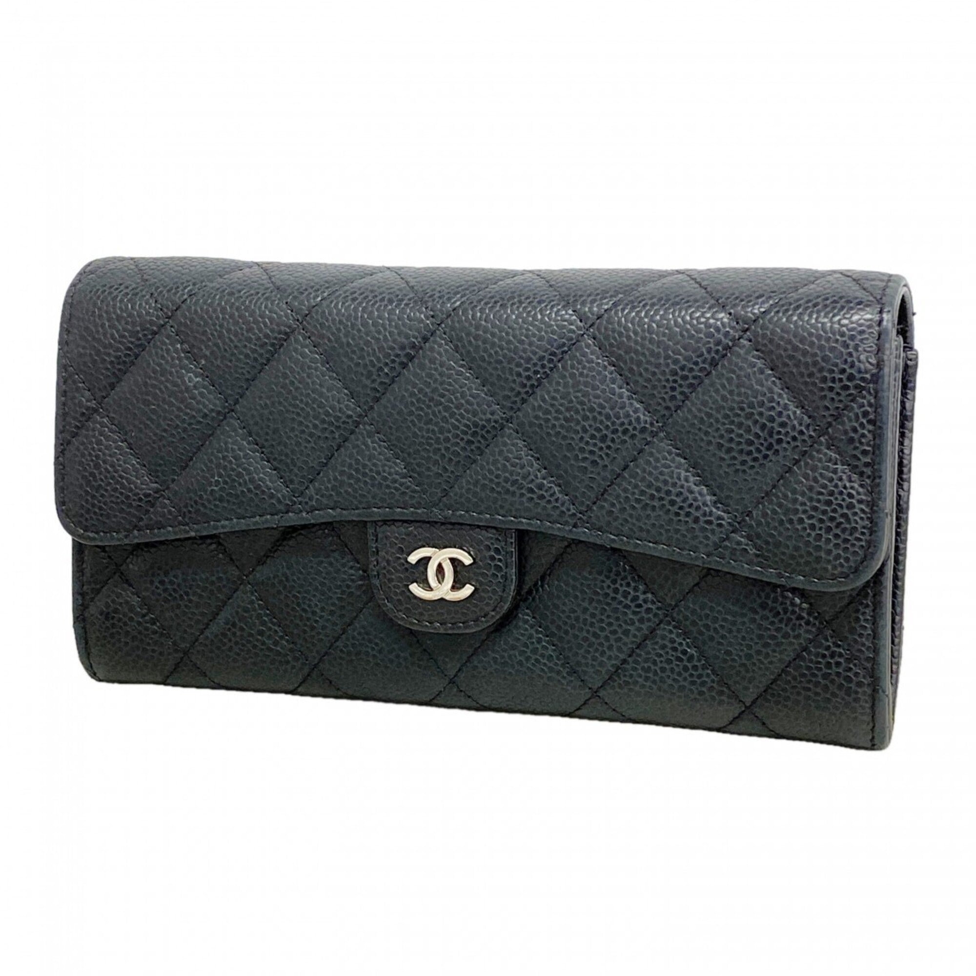 Chanel Black Grained Calfskin Long Wallet (Bi-Fold) (Pre-Owned)