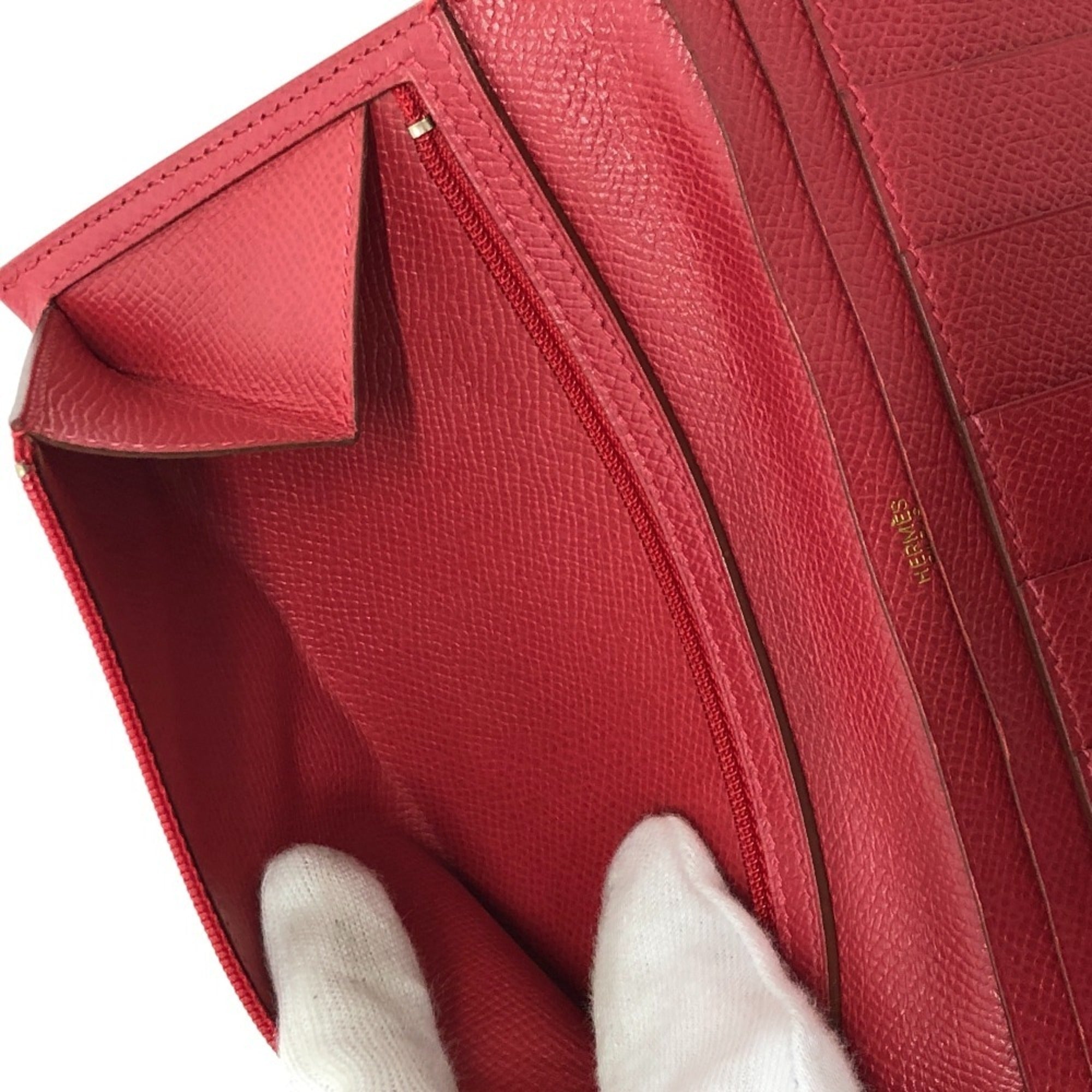 Hermes Red Color Courchevel Leather Long Wallet (Bi-Fold) (Pre-Owned)