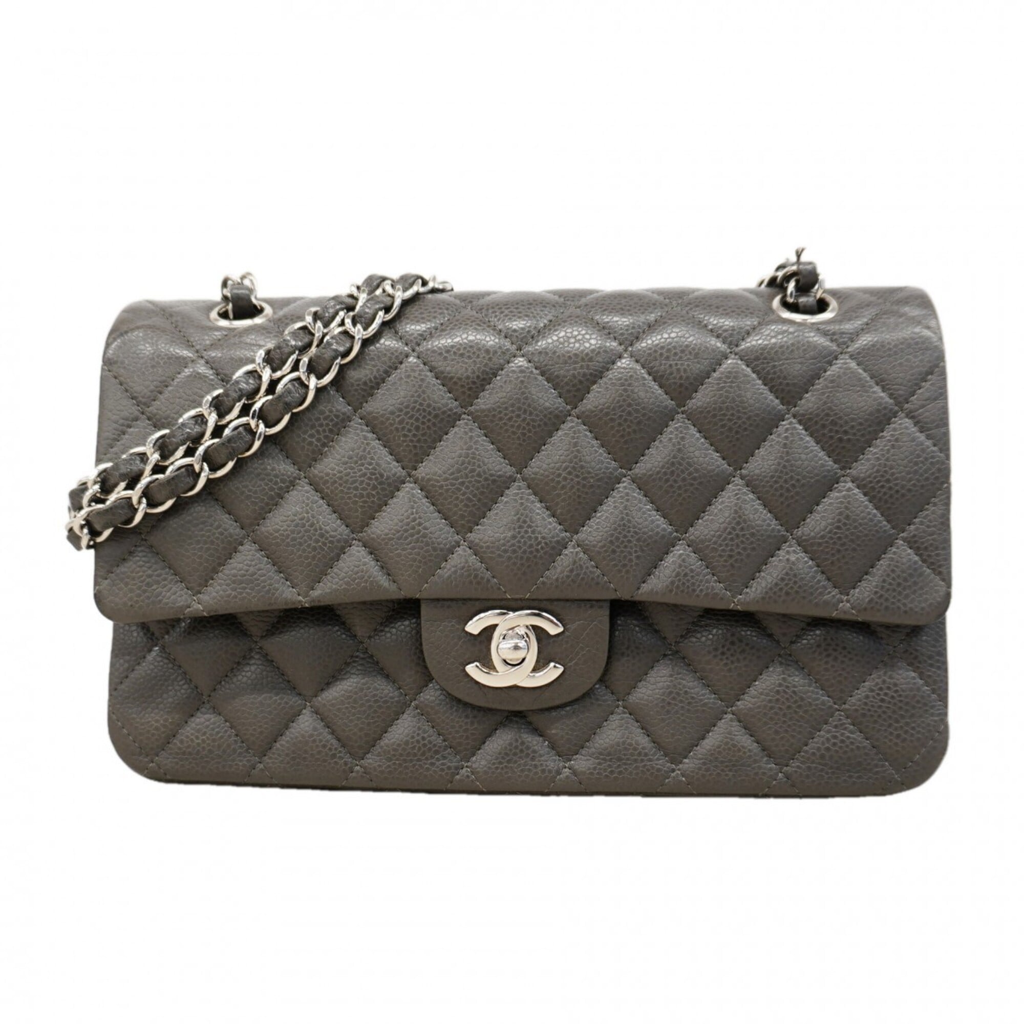 Chanel Gray Grained Calfskin Shoulder Bag (Pre-Owned)