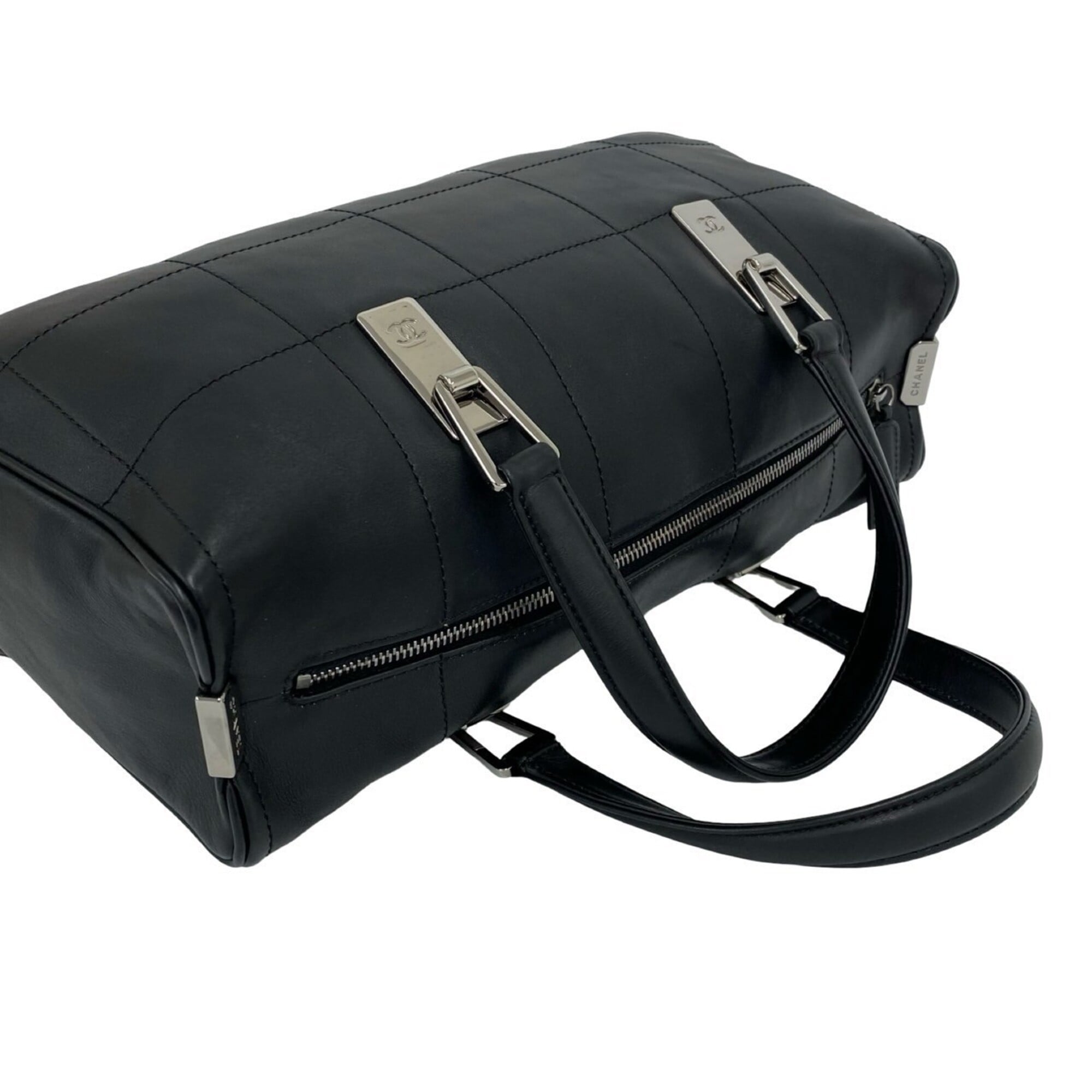 Chanel Black Leather Boston Bag Handbag (Pre-Owned)