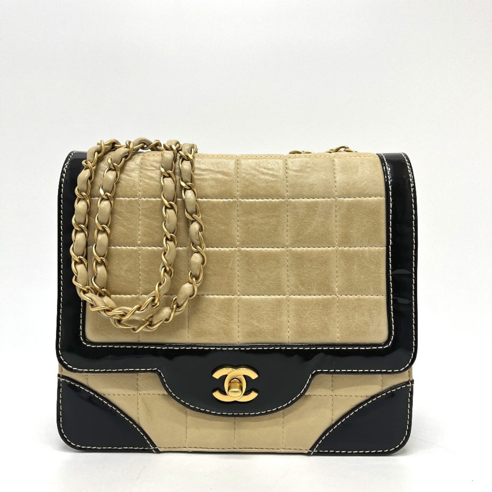 Chanel Chocolate Bar Beige Black Leather Handbag Shoulder Bag (Pre-Owned)