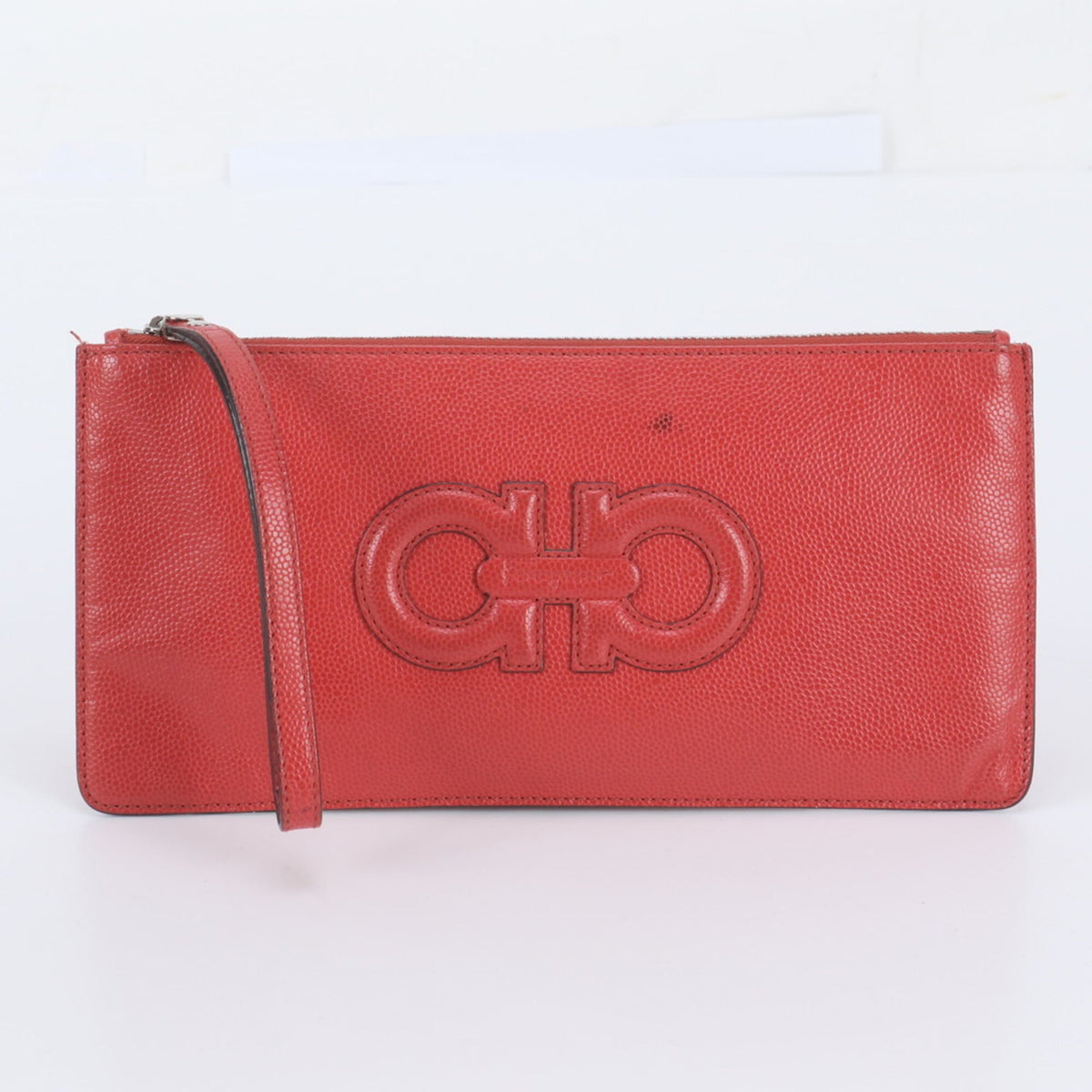 Salvatore Ferragamo Red Color Leather Clutch Bag Handbag Pouch Tote Bag (Pre-Owned)