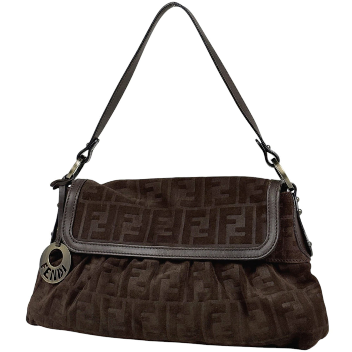 Fendi Zucca Brown Suede Shoulder Bag (Pre-Owned)