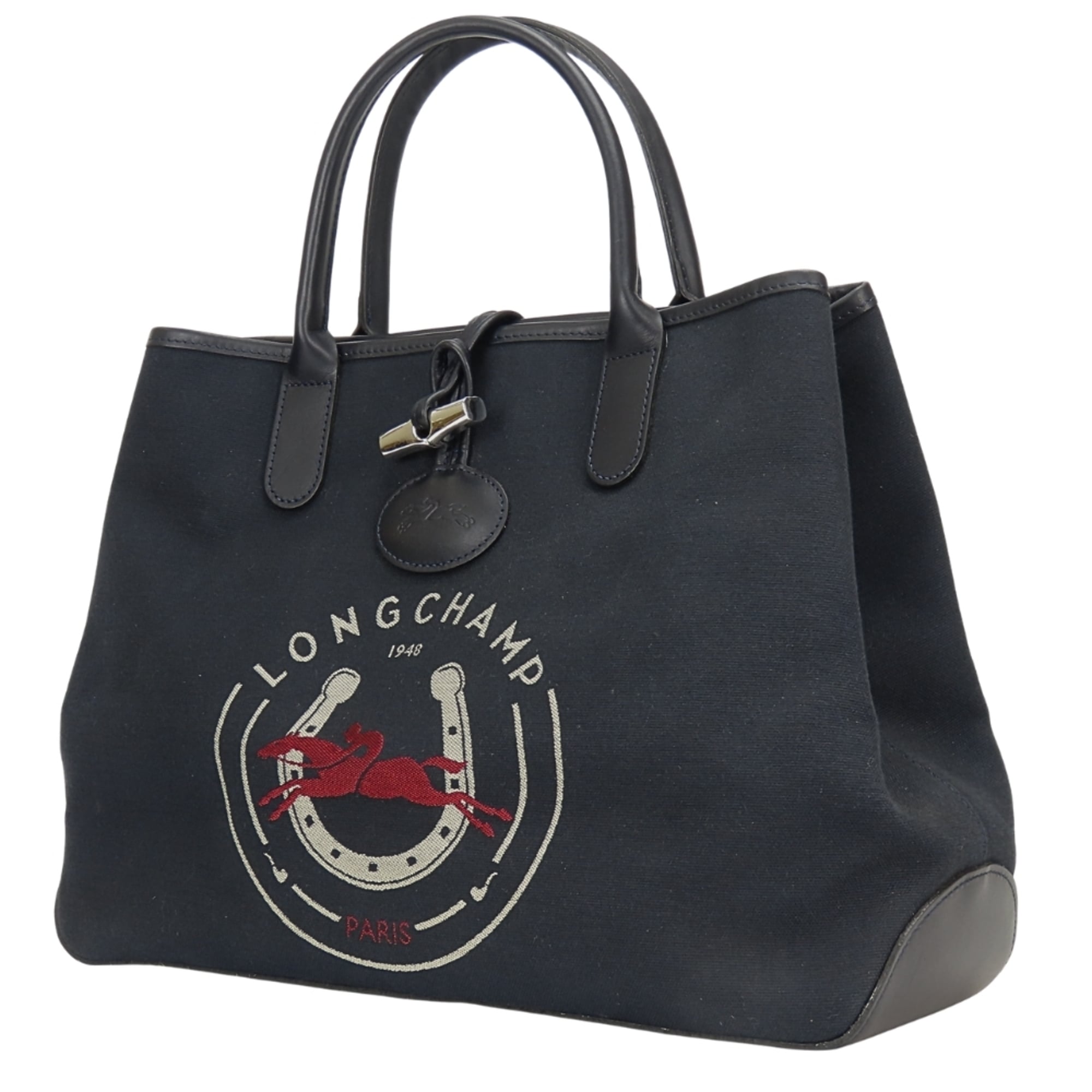 Longchamp Navy Canvas Leather Handbag (Pre-Owned)