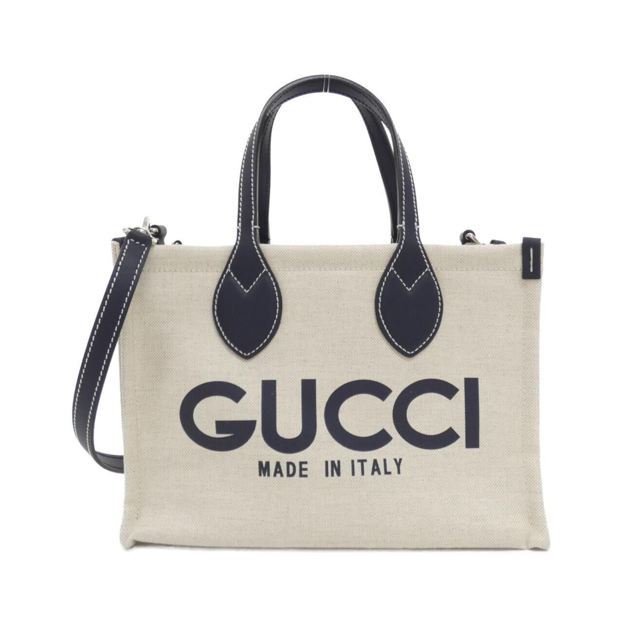 Gucci Beige Dark Blue Cotton Leather Handbag Pouch (Pre-Owned)