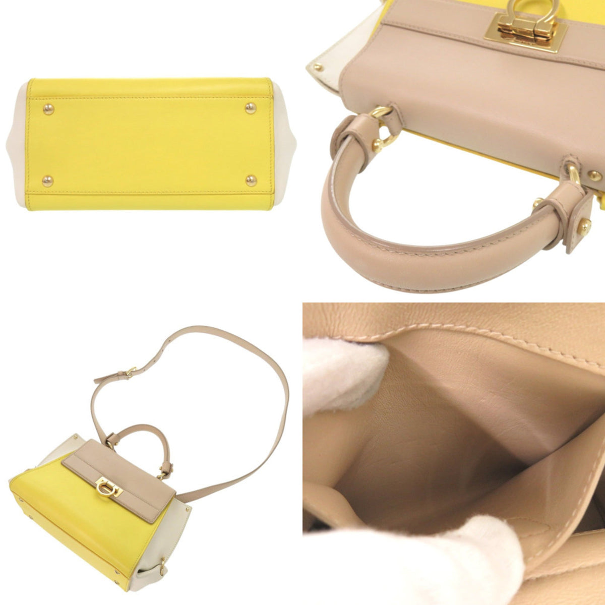Salvatore Ferragamo Beige Multi-Color White Yellow Leather Handbag Shoulder Bag (Pre-Owned)