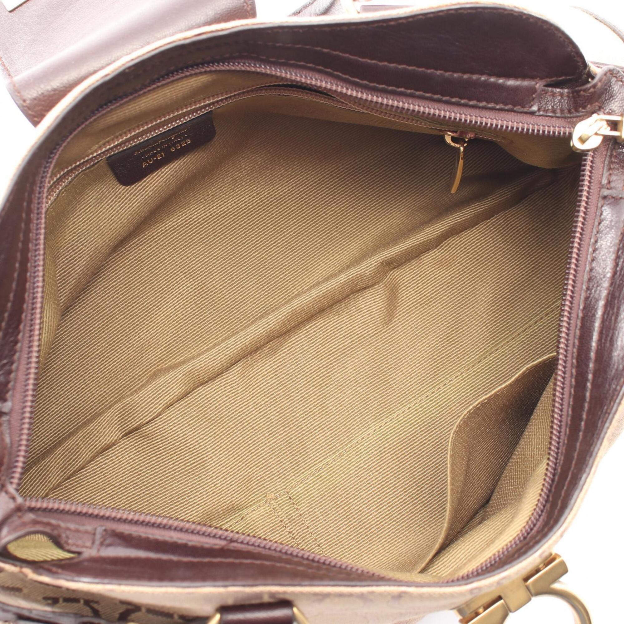 Salvatore Ferragamo Beige Brown Canvas Leather Handbag Shoulder Bag (Pre-Owned)