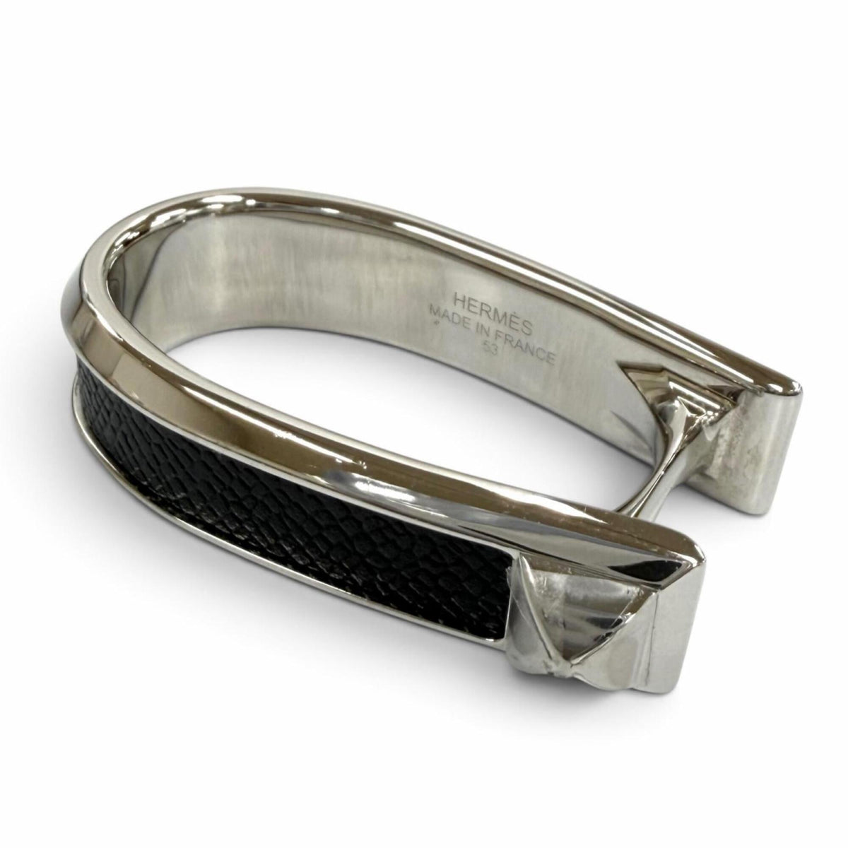 Hermes Silver Black Epsom Leather Metal Band Ring (Pre-Owned)