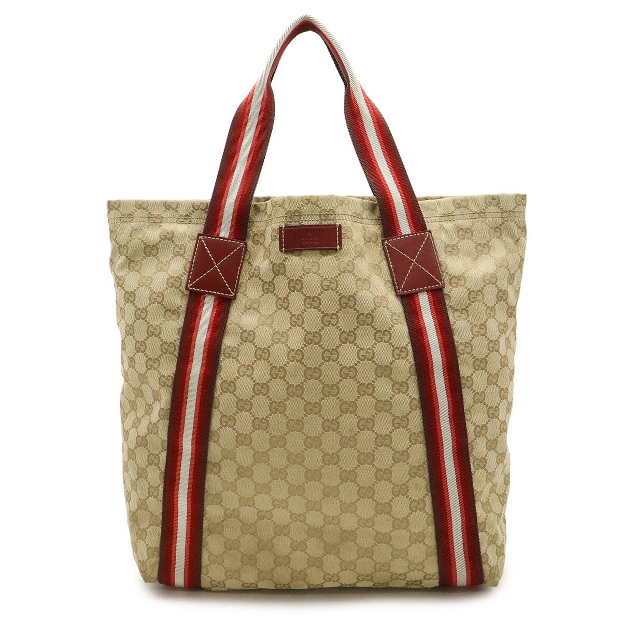 Gucci Beige Multi-Color Red Color Canvas Leather Shoulder Bag Tote Bag (Pre-Owned)