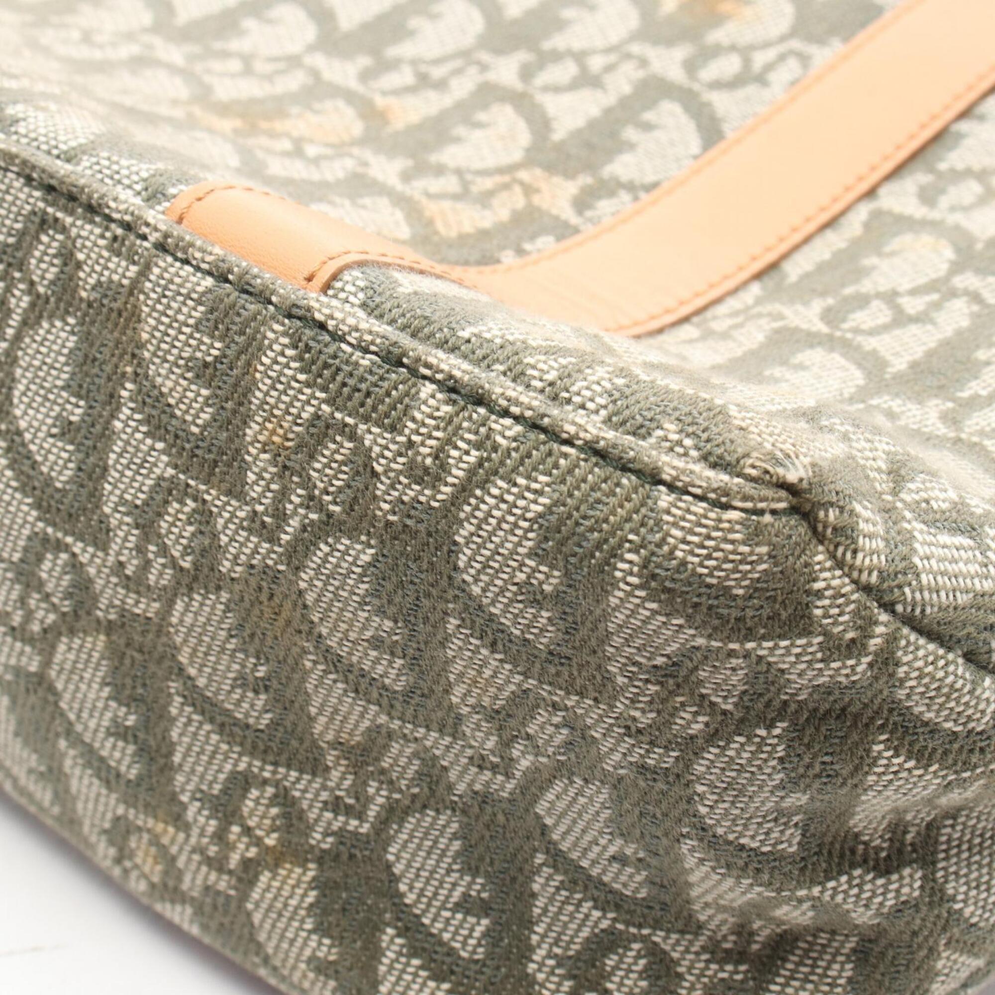 Christian Dior Beige Green Canvas Leather Handbag Tote Bag (Pre-Owned)
