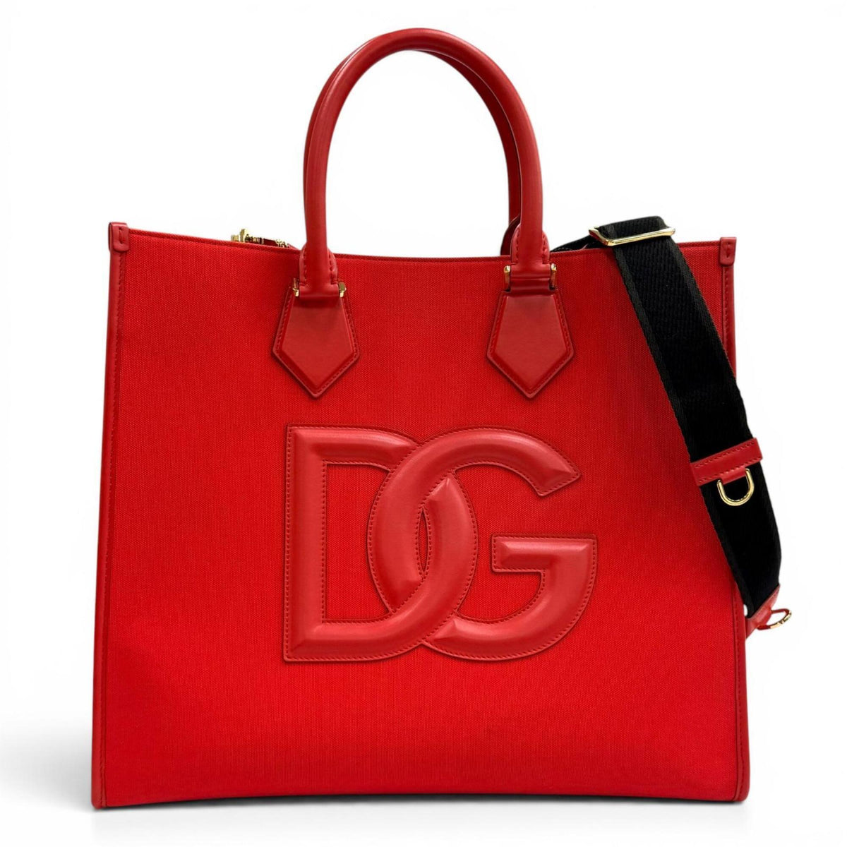 Dolce & Gabbana Red Color Leather Canvas Tote Bag (Pre-Owned)