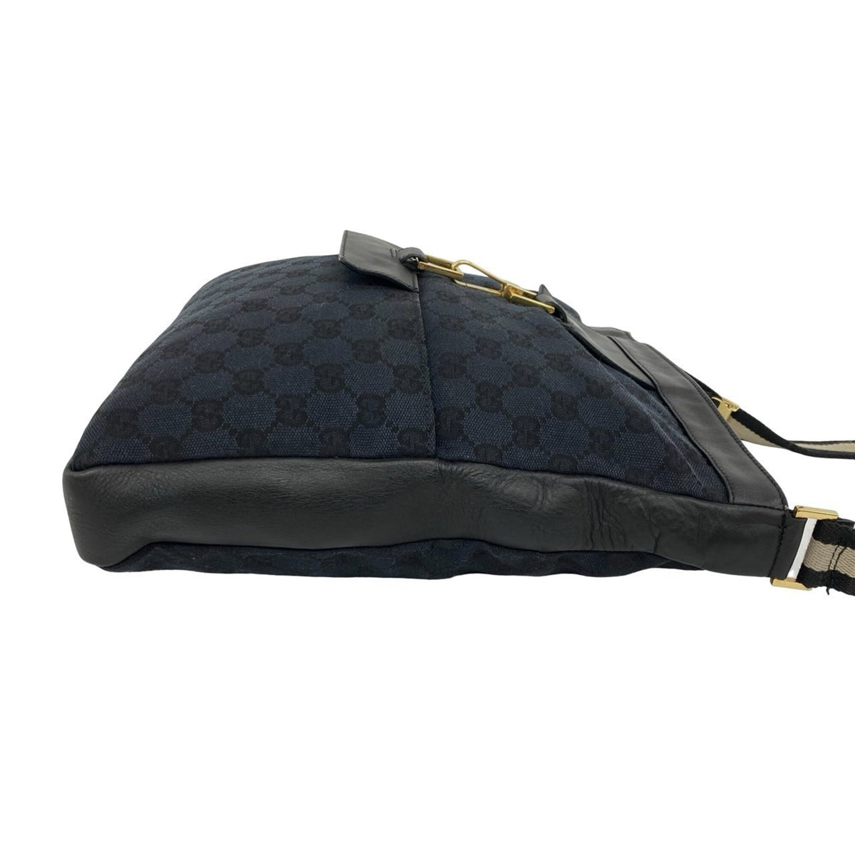 Gucci Black Navy Canvas Leather Shoulder Bag Tote Bag (Pre-Owned)