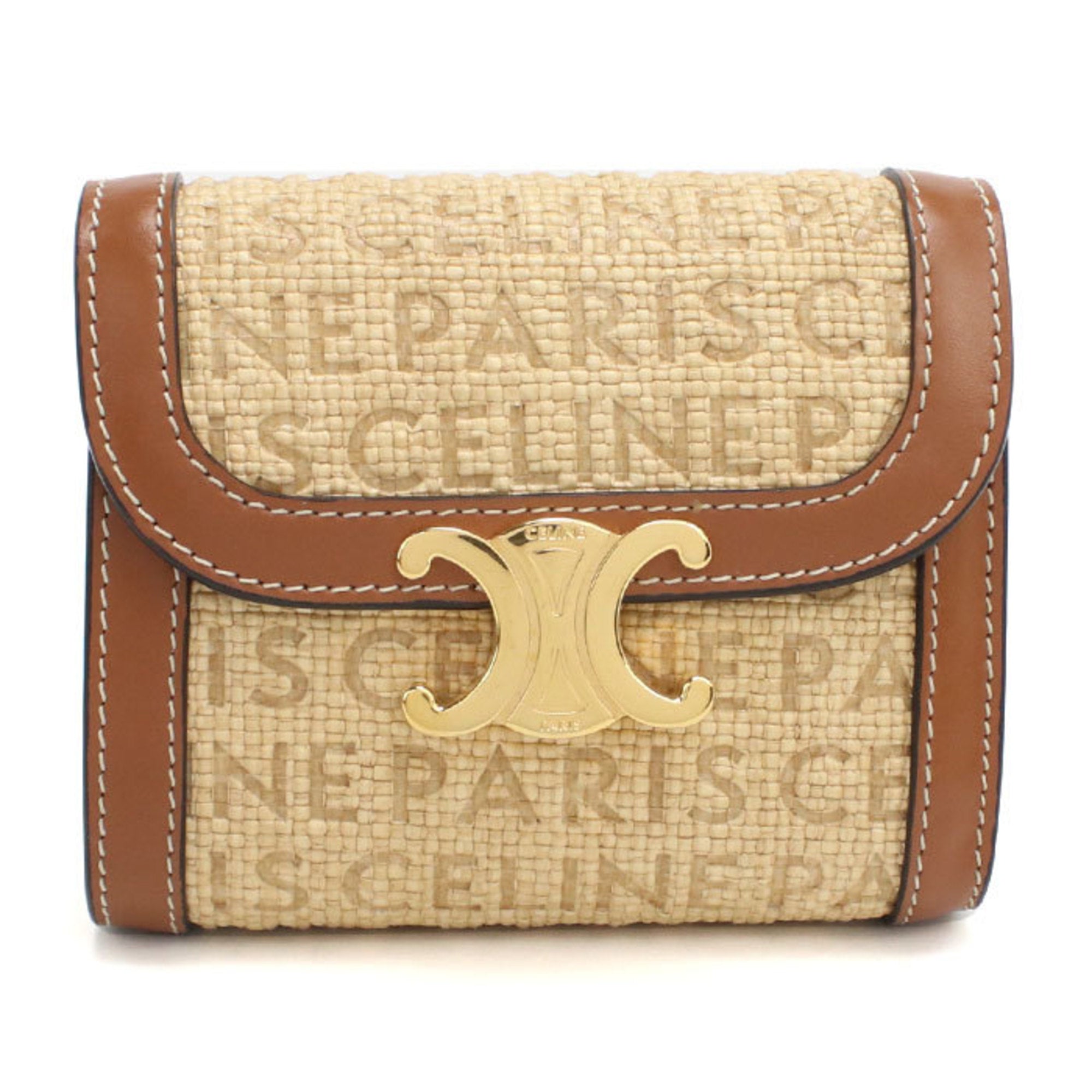 Celine Beige Leather Raffia Wallet (Tri-Fold) (Pre-Owned)