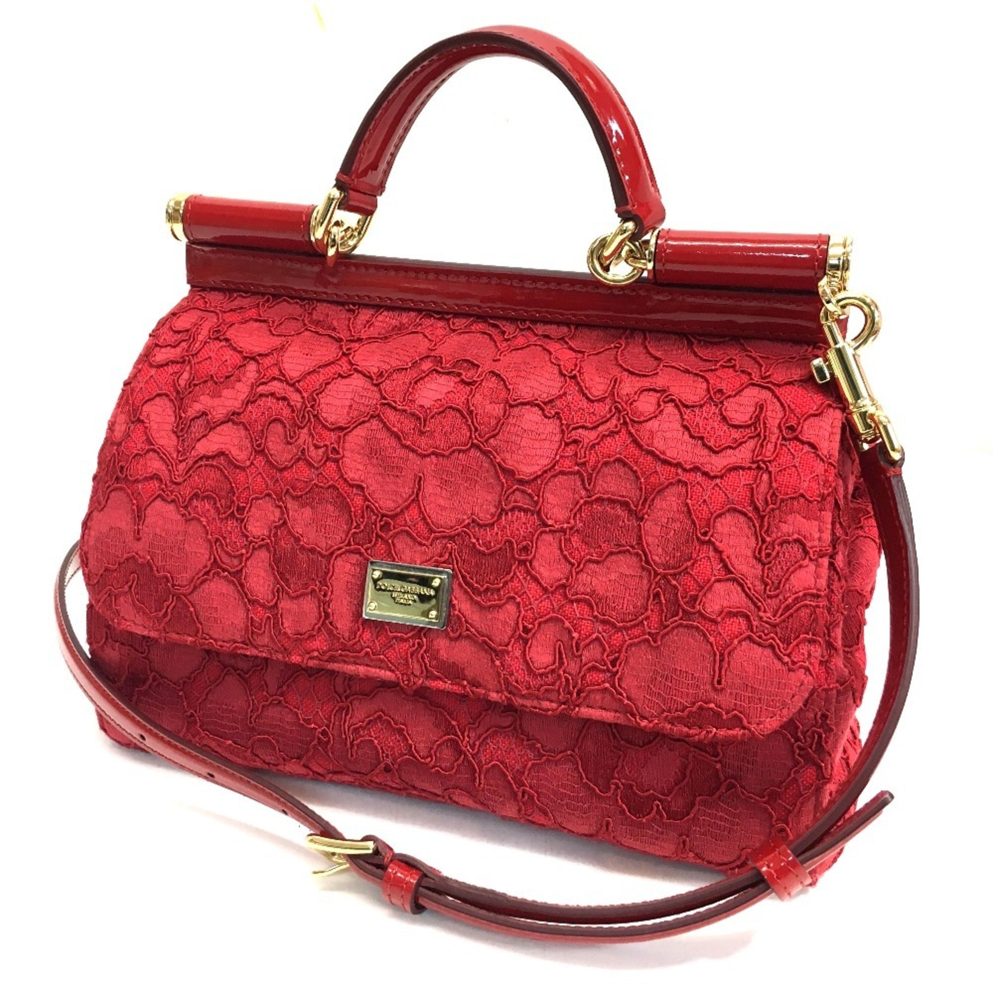 Dolce & Gabbana Red Color Cotton Patent Leather Handbag Shoulder Bag (Pre-Owned)