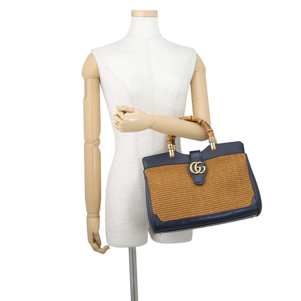 Gucci Gg Marmont Brown Navy Raffia Leather Handbag Shoulder Bag (Pre-Owned)