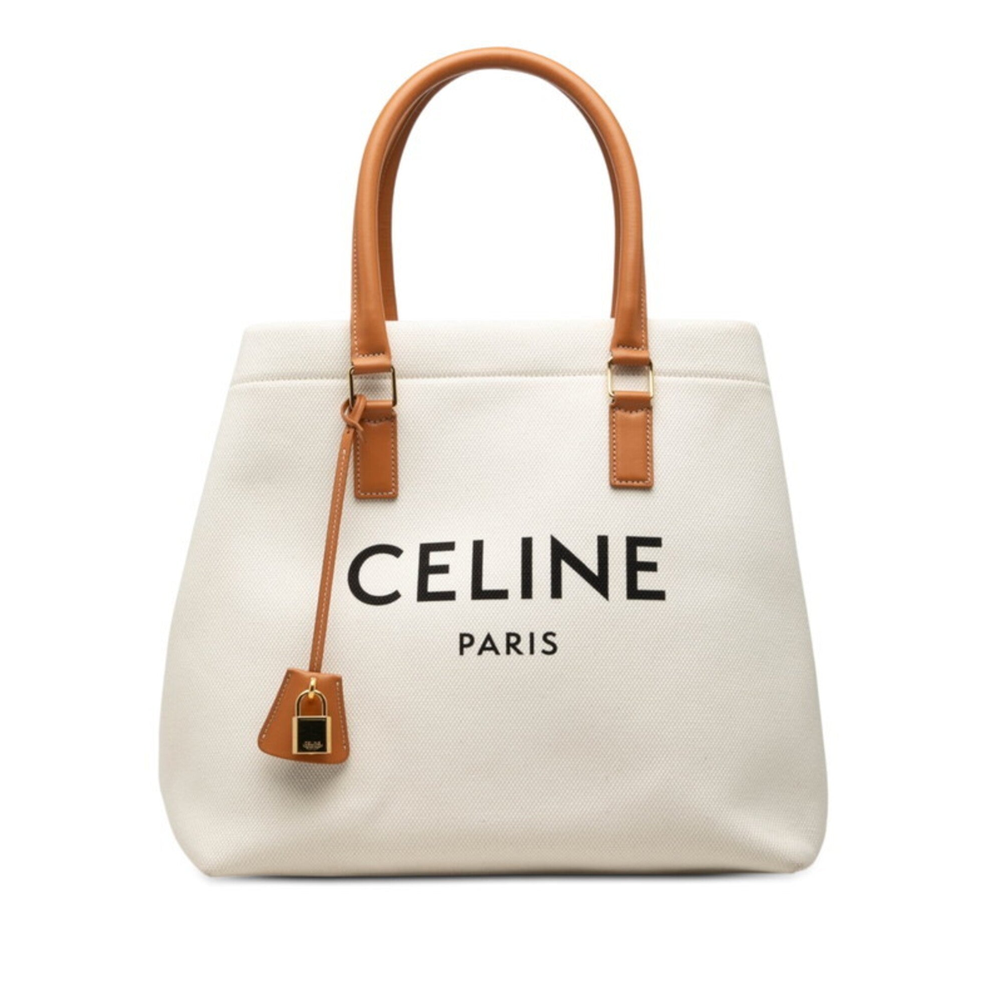 Celine Brown White Canvas Leather Tote Bag (Pre-Owned)