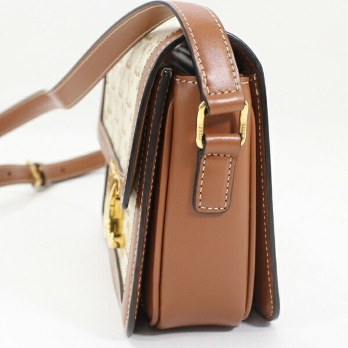 Celine Brown White Canvas Leather Shoulder Bag (Pre-Owned)