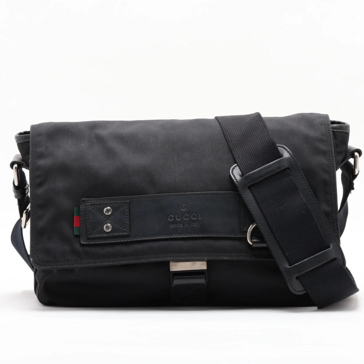 Gucci Black Leather Canvas Messenger Bag Shoulder Bag (Pre-Owned)